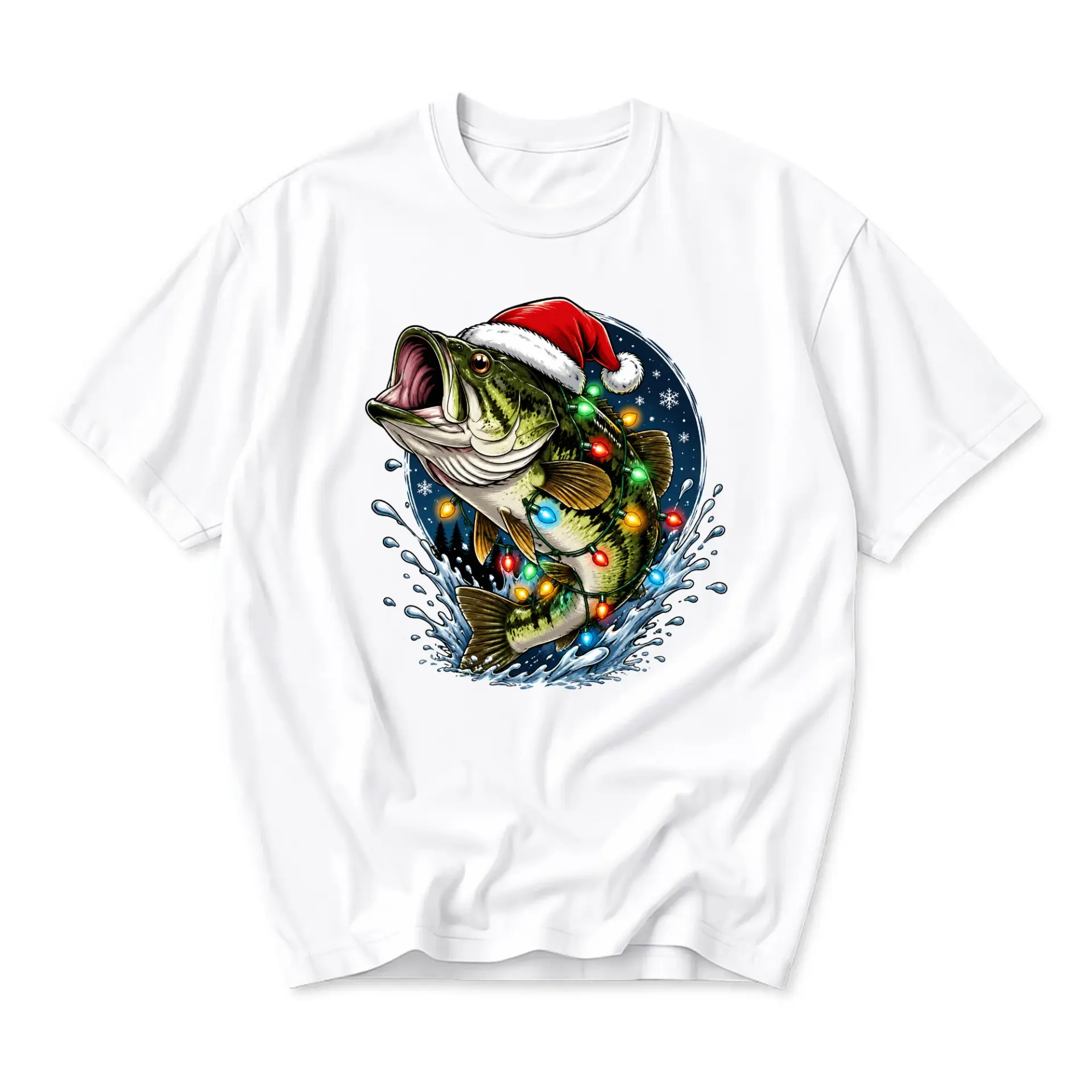 Graphic Tee Fishing Holiday Santa Hat String Lights Unisex Crew Neck Shirt