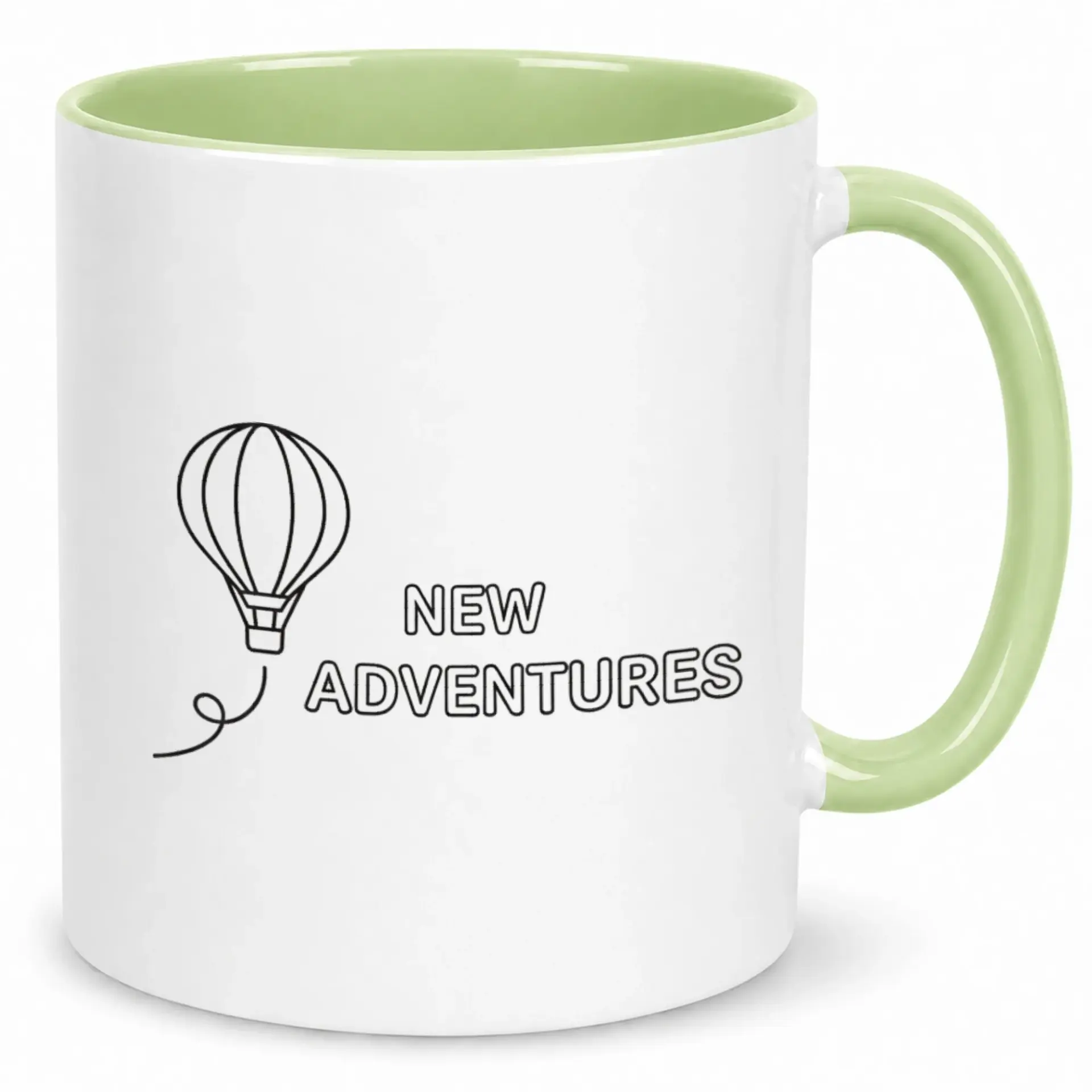 New Adventures Ceramic Coffee Mug, Inspirational Hot Air Balloon Design Drinkware, 11 Oz or 15 Oz Capacity, White with Green Handle & Interior