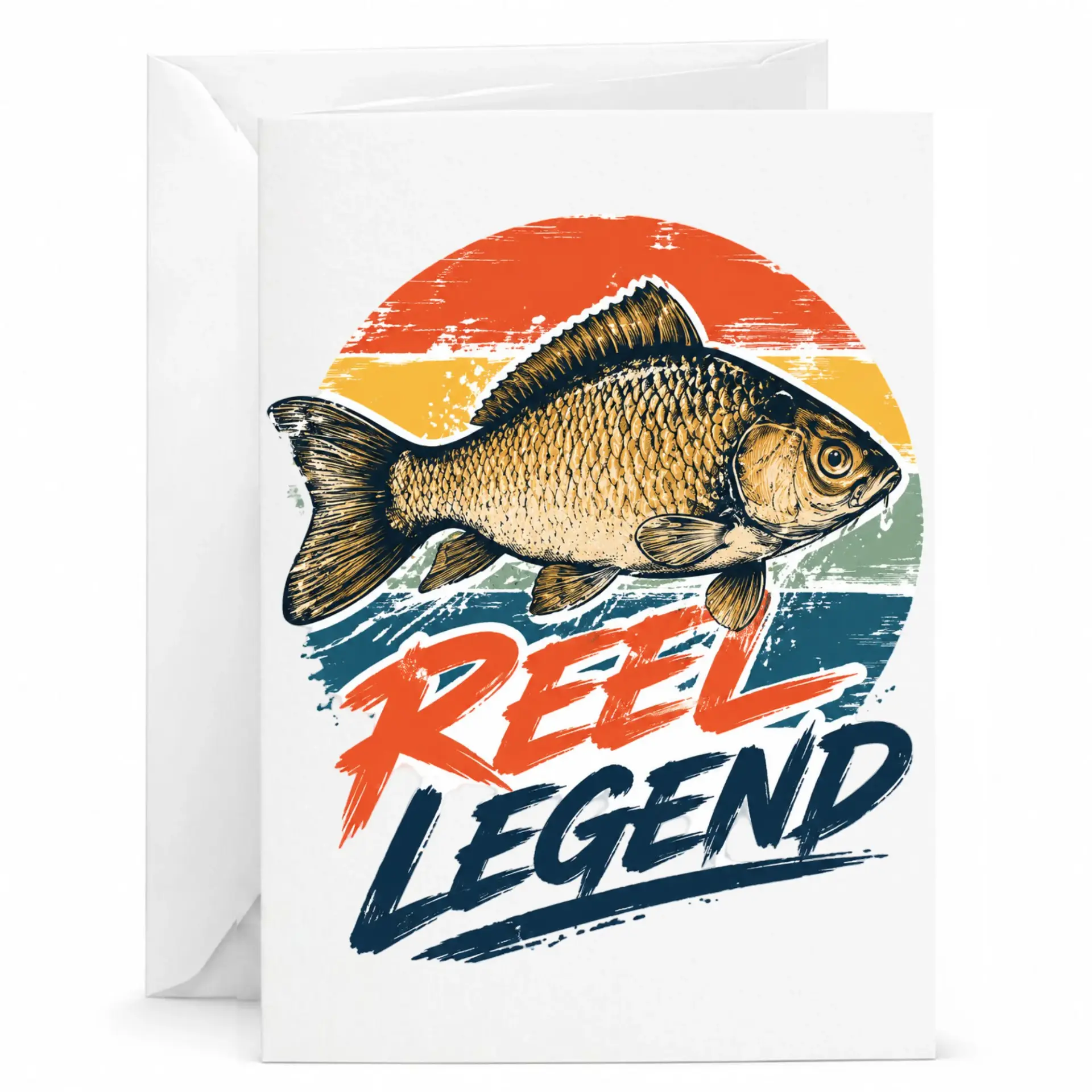 Funny Greeting Card Reel Legend Fishing Theme Design for Outdoors Enthusiasts with Matching White Envelope