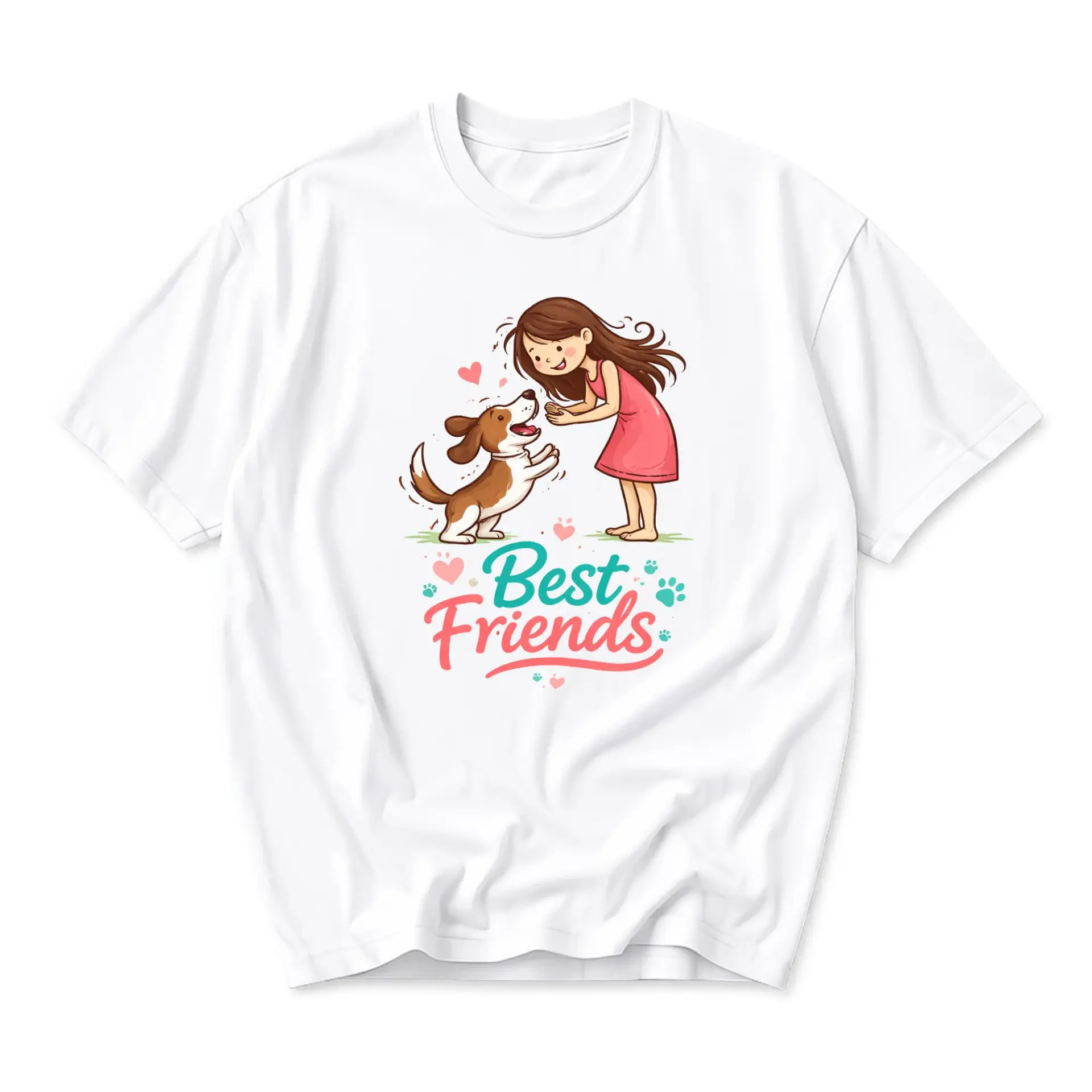 Graphic Tee Girl and Puppy Illustration Unisex Crew Neck Soft Cotton Casual