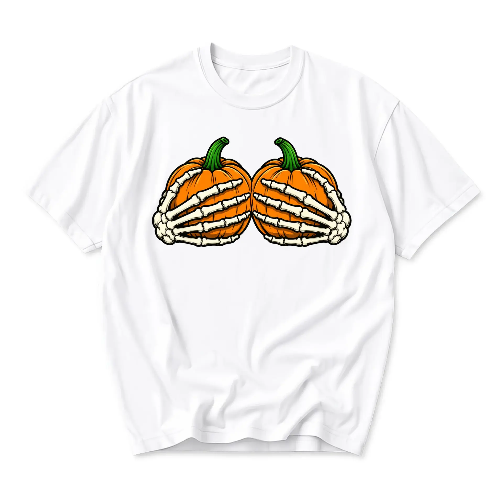 Funny Shirt Skeleton Hands Holding Pumpkins Graphic Tee Unisex Casual Apparel for Autumn Seasonal Aesthetic Wear