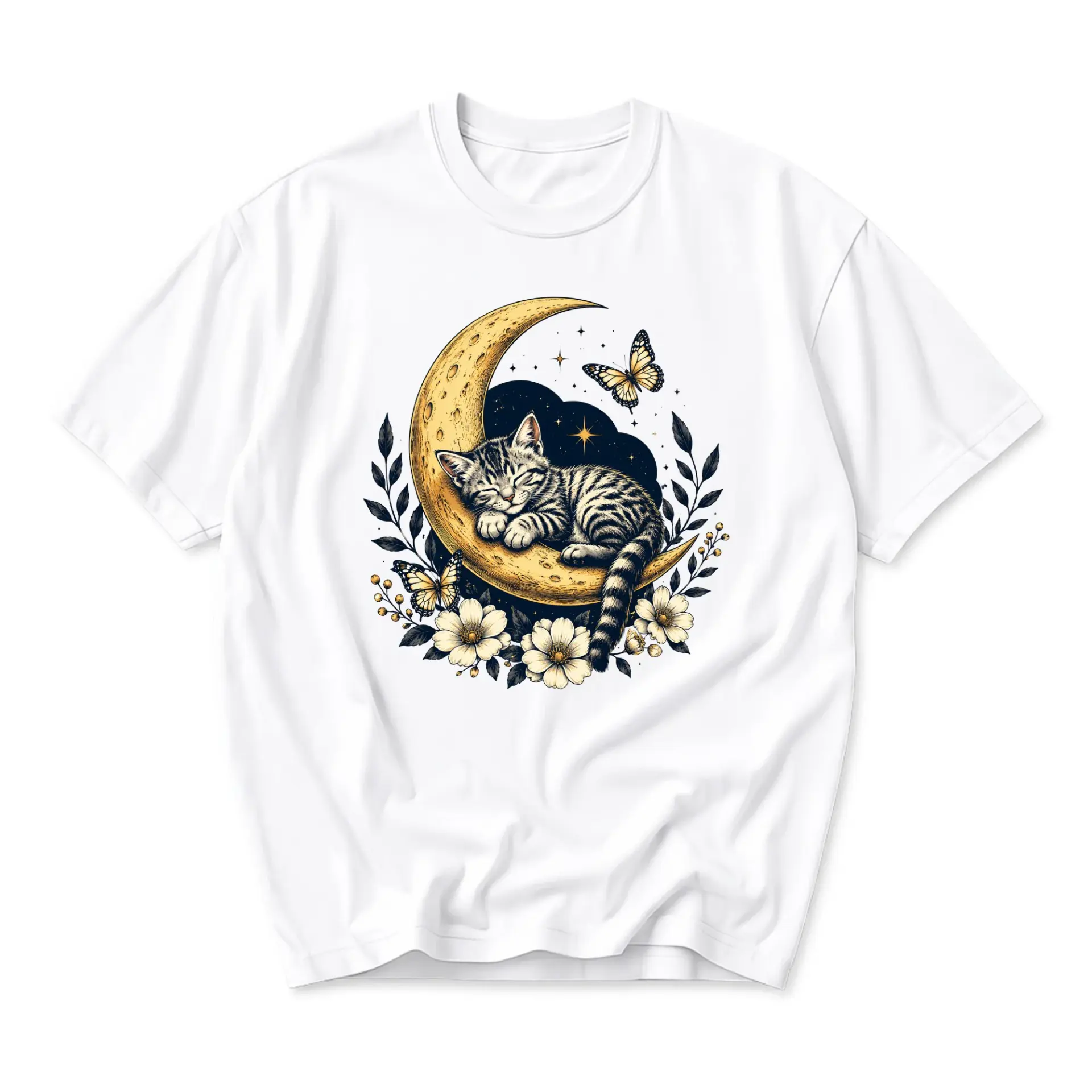 Graphic Tee Celestial Cat and Moon Illustration Artistic White Unisex Short Sleeve Cotton Blend Crew Neck Shirt