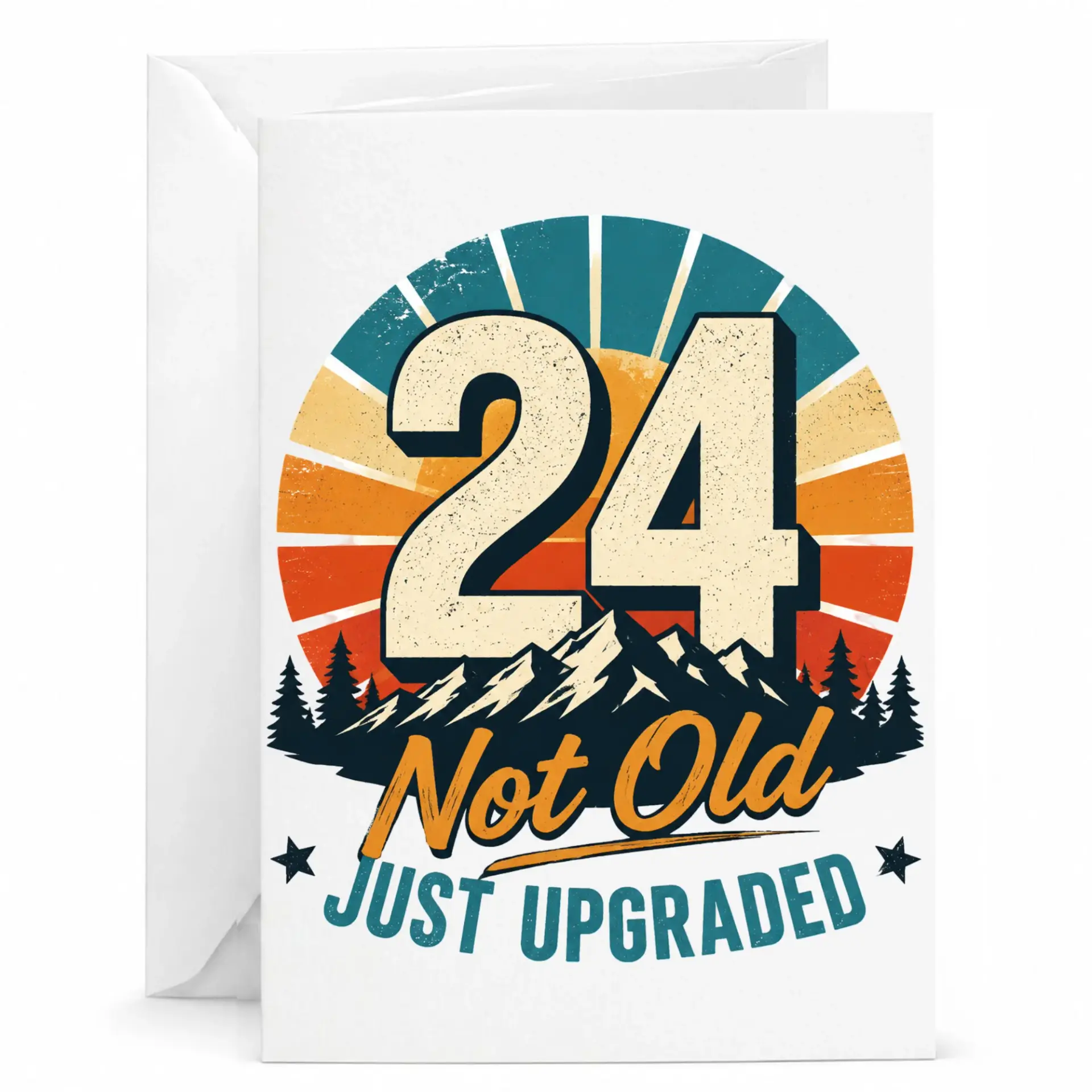 Birthday Card 24 Not Old Just Upgraded Funny Retro Sunset Mountain Design 5x7 Folded Greeting Card with White Envelope