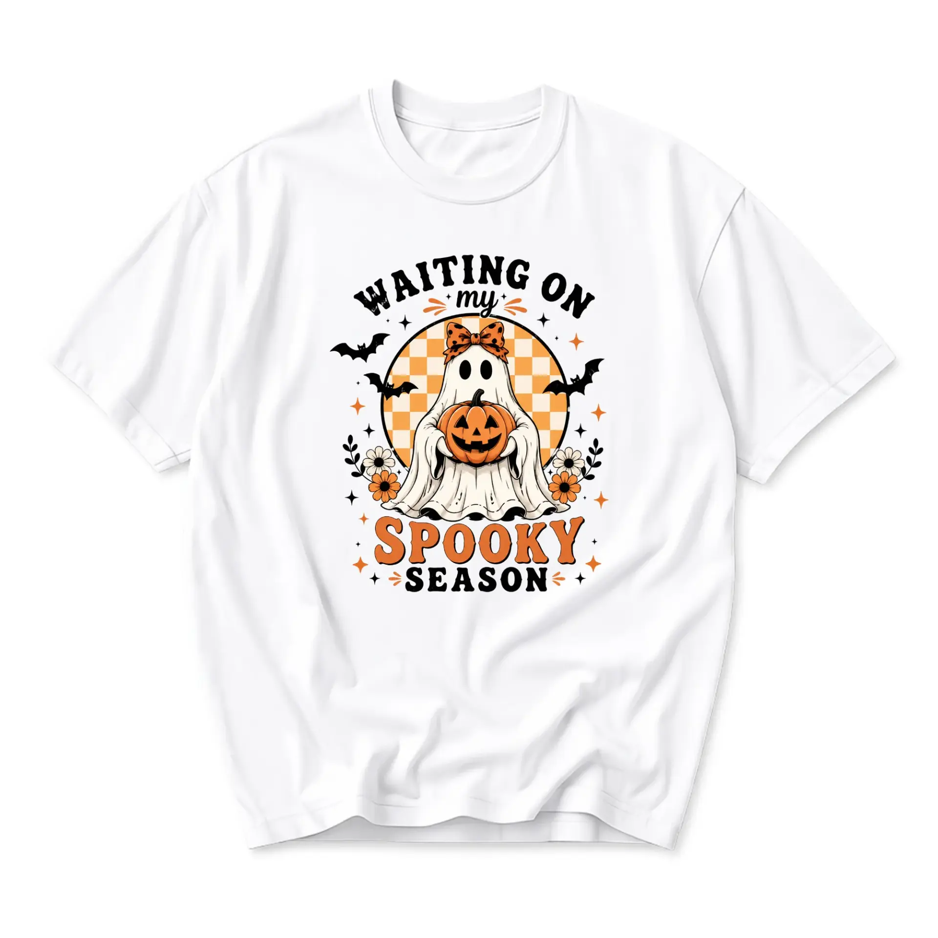 Funny Shirt Waiting on My Spooky Season Graphic Tee Retro Halloween Ghost Pumpkin Design Unisex Crew Neck Apparel