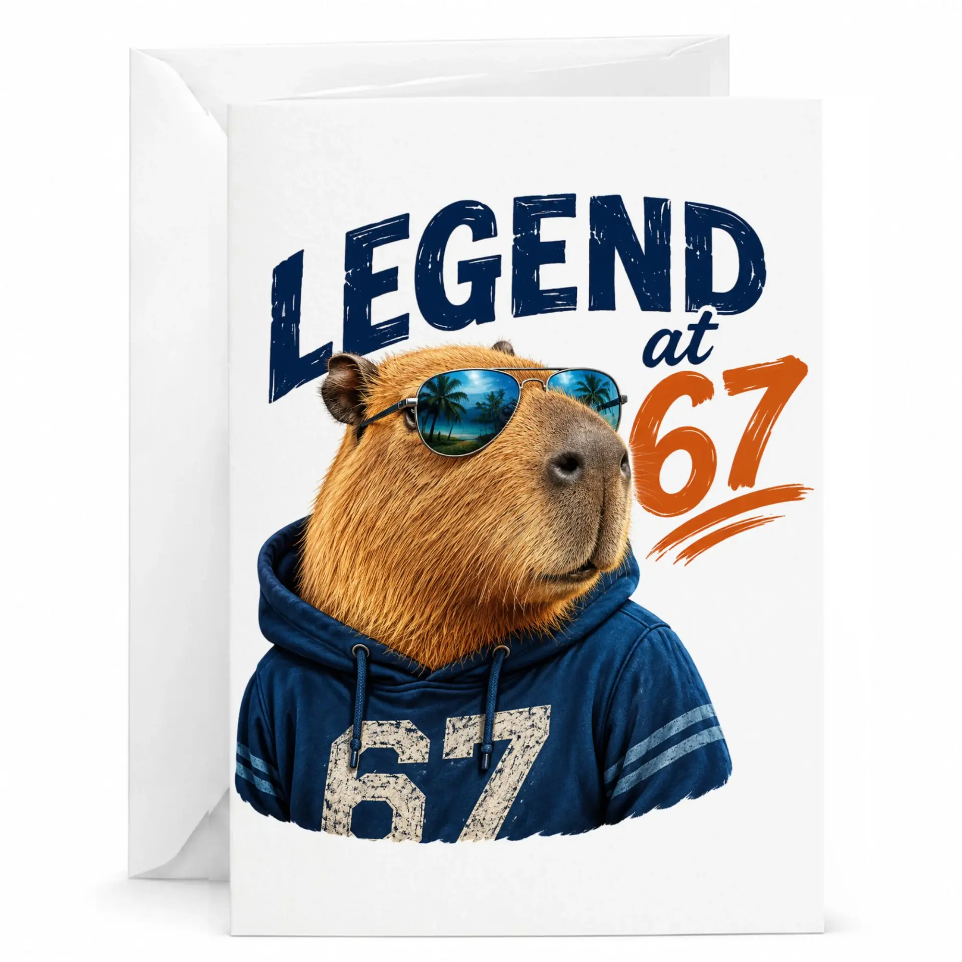 Funny Birthday Card Legend at 67 Featuring Cool in Hoodie Wearing Sunglasses for Milestone