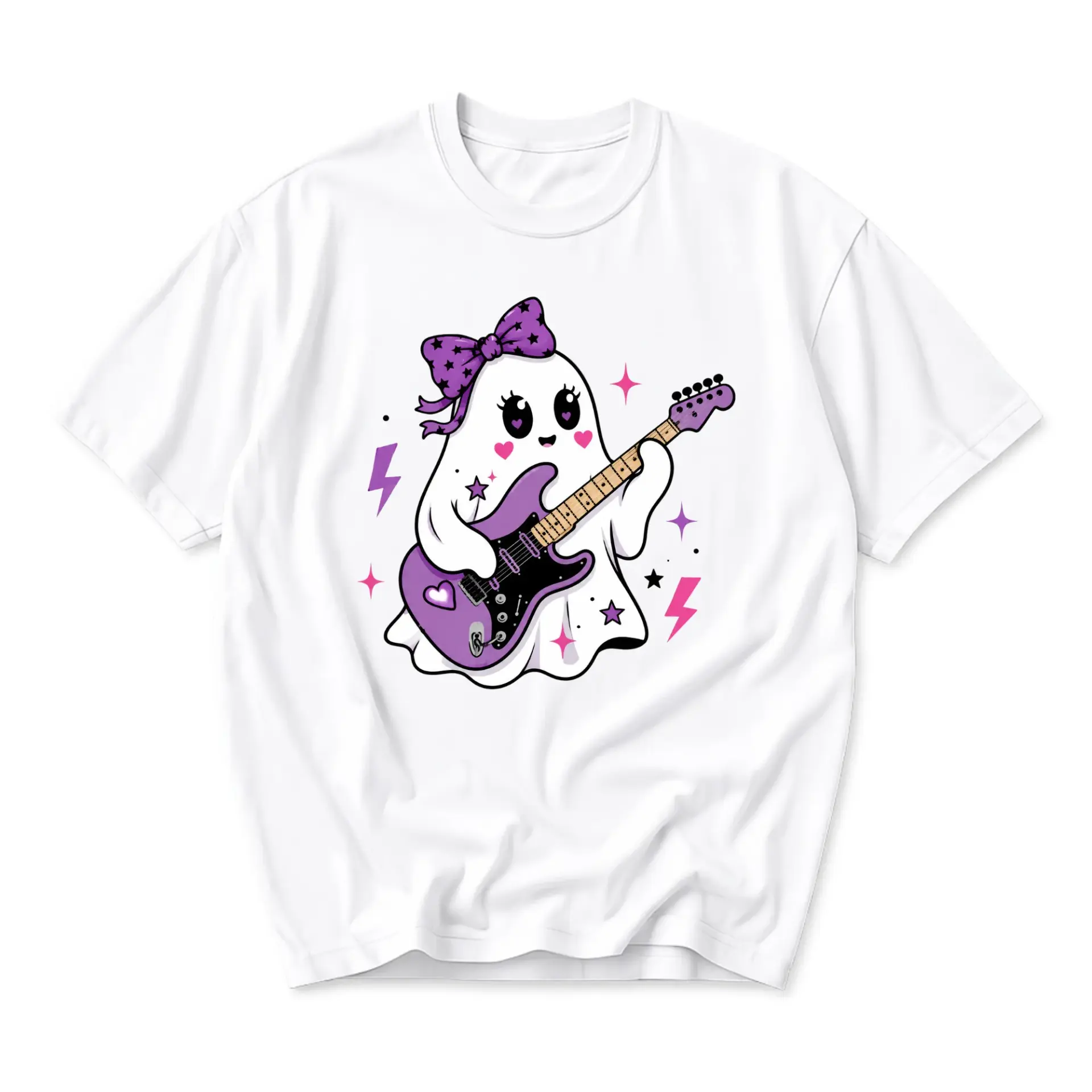 Graphic Tee Unisex Crew Neck T-Shirt Featuring a Cute Ghost Playing Electric Guitar with Purple Bow Aesthetic