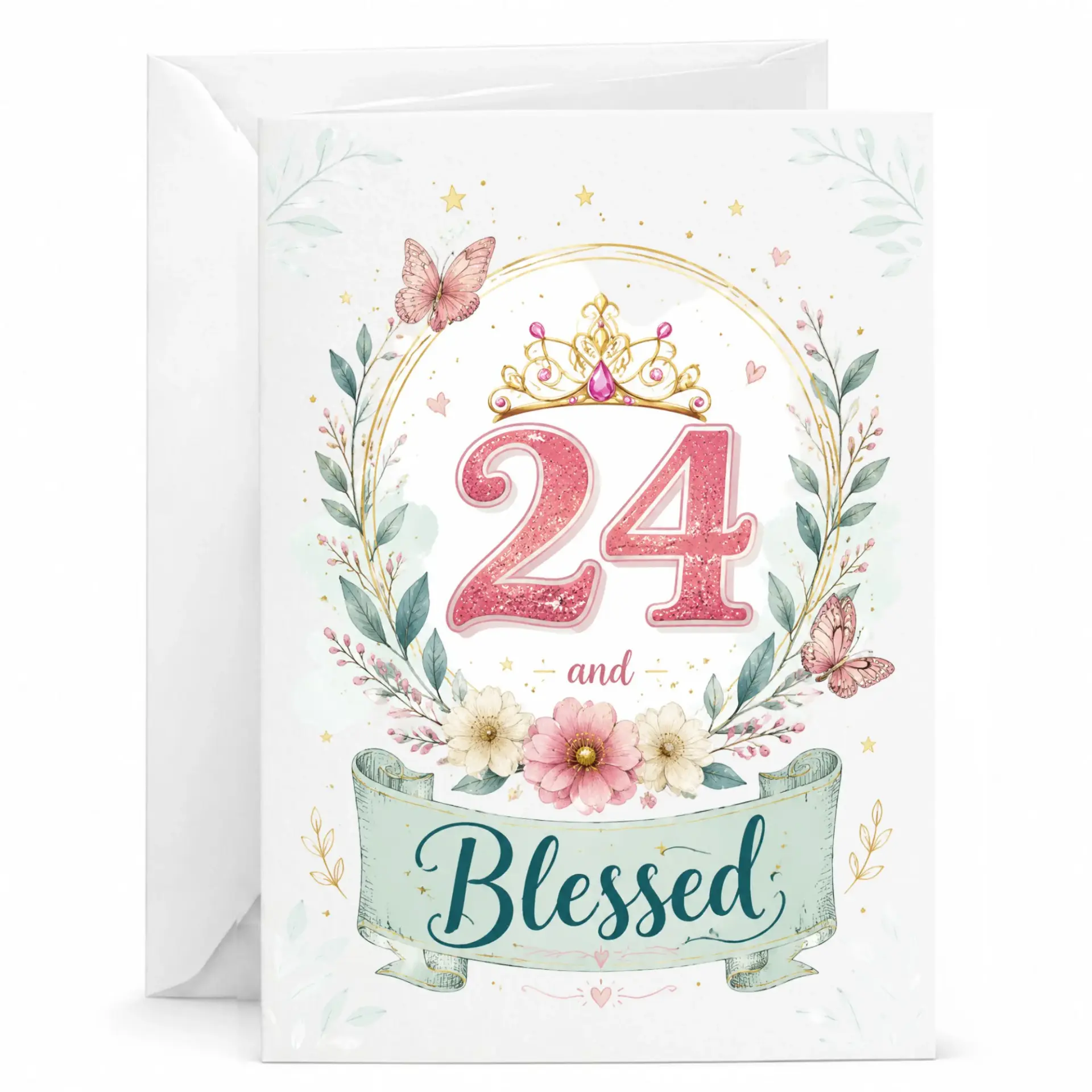 Birthday Card 24 and Blessed Floral Tiara Design Premium Greeting Card for Twenty Fourth Milestone Birthday Celebration