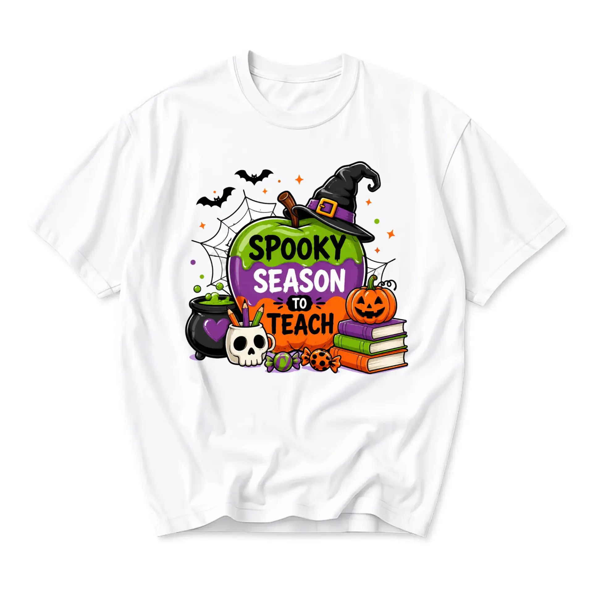 Graphic Tee Spooky Season to Teach Halloween Print Unisex Crew Neck Casual Everyday Short Sleeve Cotton Shirt