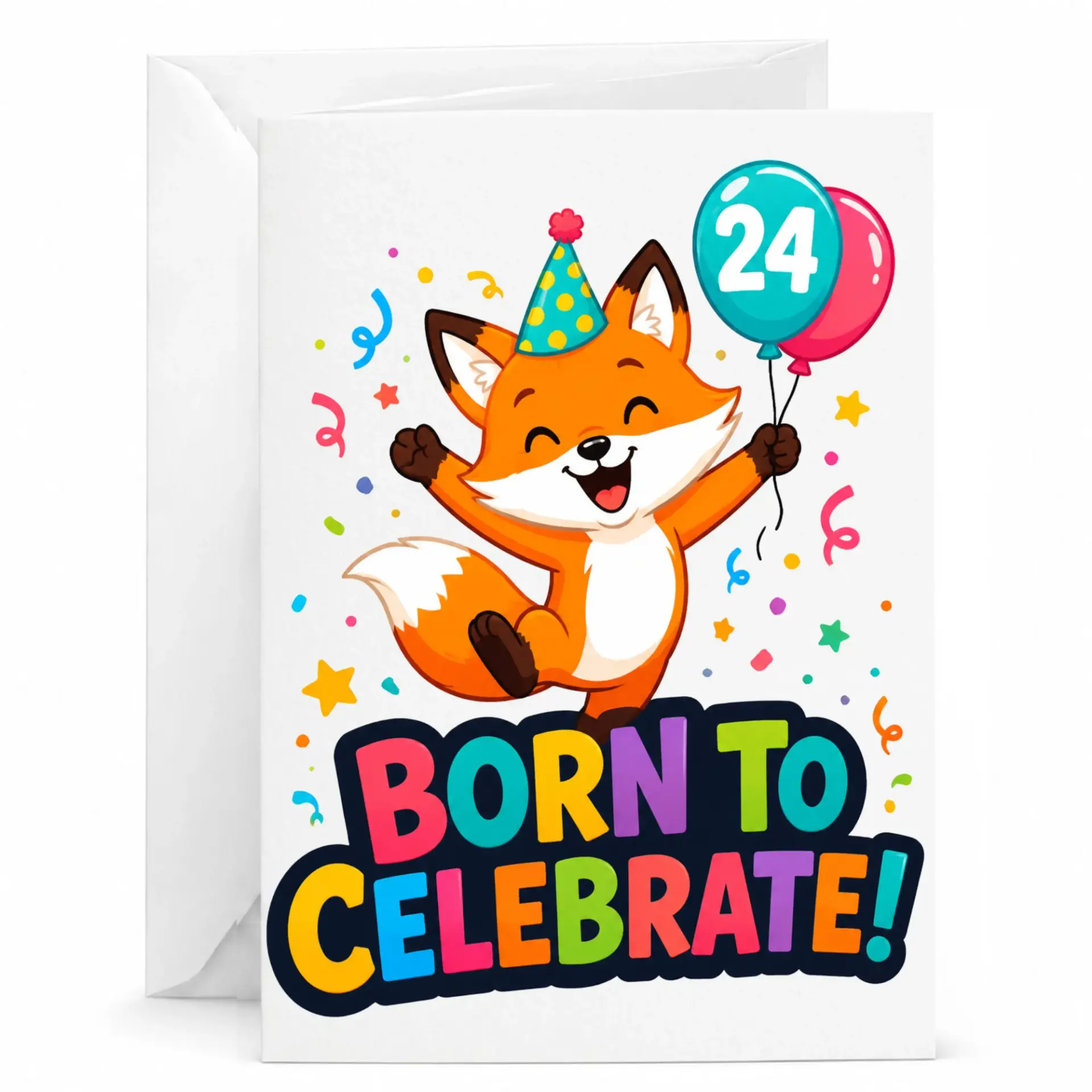 Birthday Card Born to Celebrate 24th Birthday Cute Fox Illustration Greeting Card for Milestone Celebration