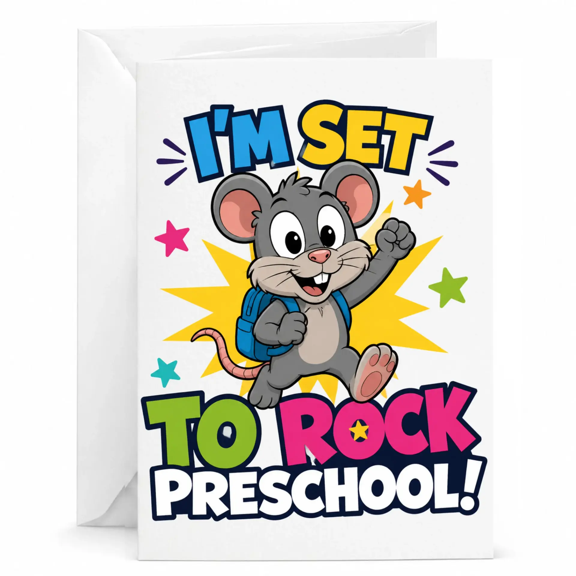 Greeting Card Featuring Cute Mouse Character Illustration with Bright Colorful Text for Encouragement or Milestone