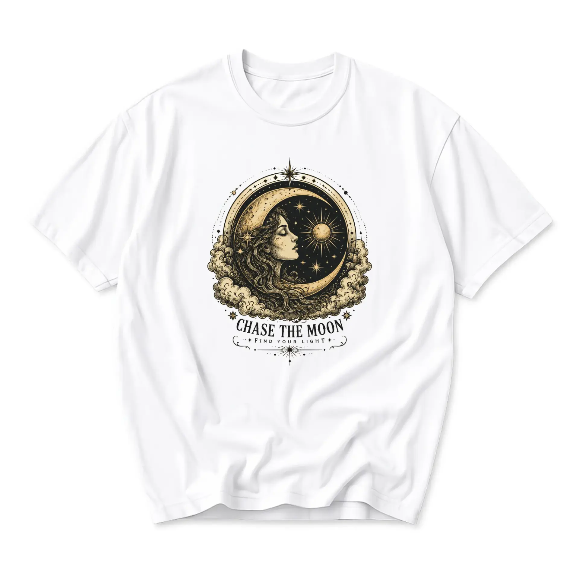 Graphic Tee Celestial Moon and Woman Illustration Shirt Vintage Style Astronomical Art Unisex Crew Neck Cotton Top