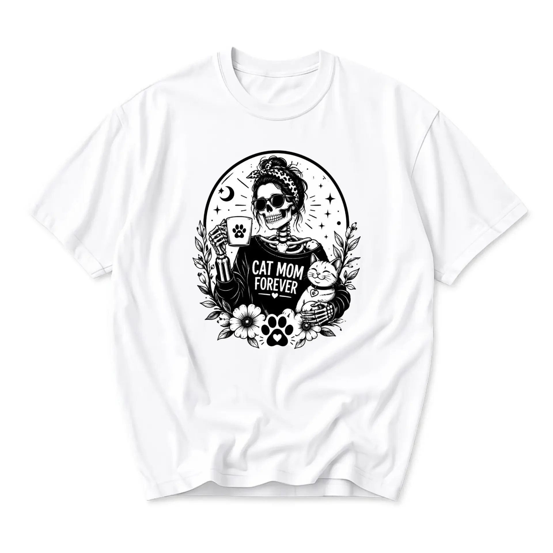 T-shirt Cat Mom Forever Graphic Tee Skeleton Illustration Unisex Crew Neck Everyday Casual Wear Soft Cotton Shirt