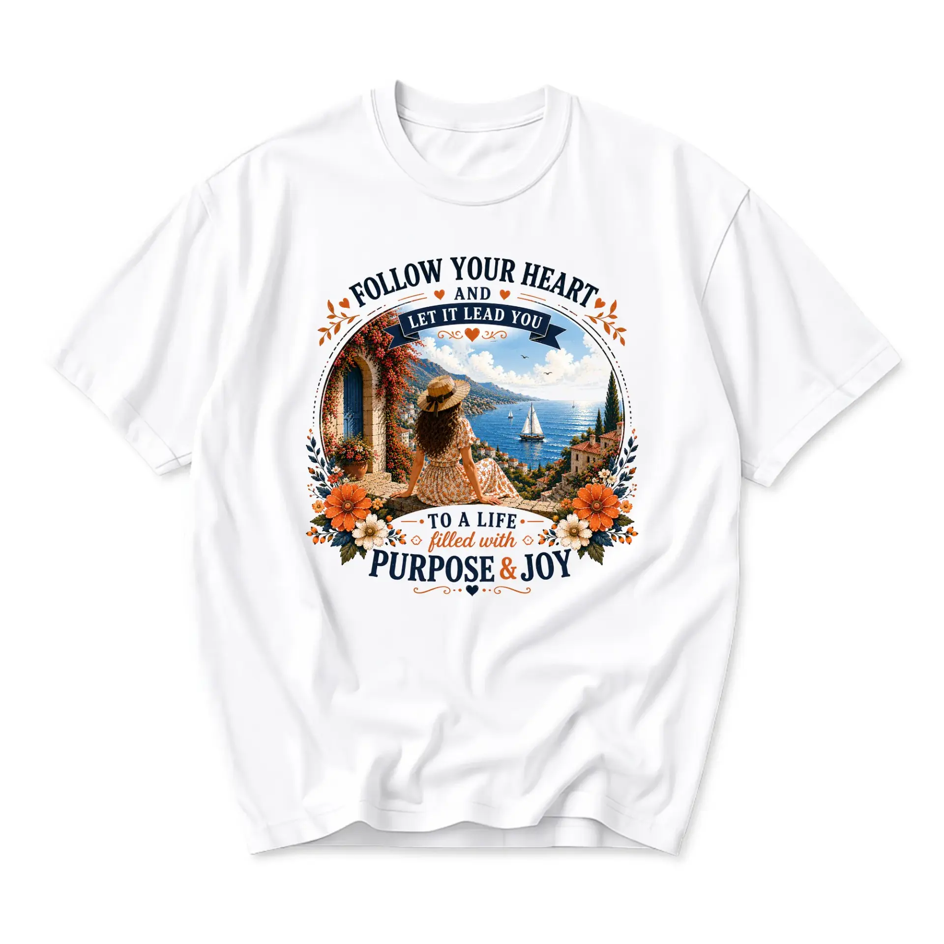 Graphic Tee Follow Your Heart Coastal Landscape Art Shirt Unisex Crew Neck Casual Everyday Wear Soft Cotton Blend