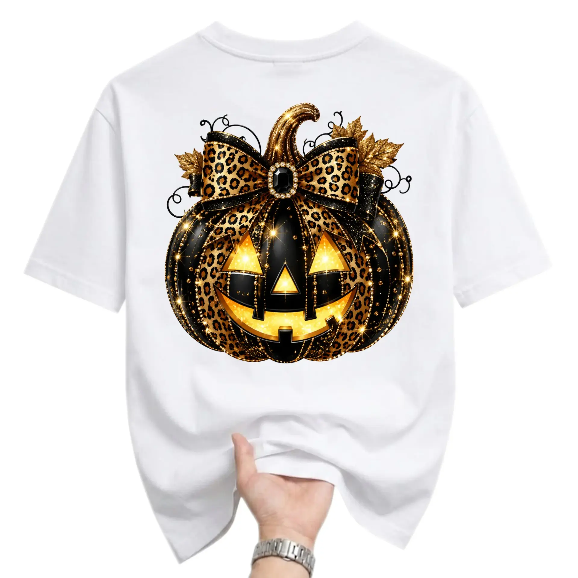 Graphic Tee Pumpkin Leopard Bow Print Unisex Shirt Casual Fall Fashion Apparel for Everyday Seasonal Wardrobe Style