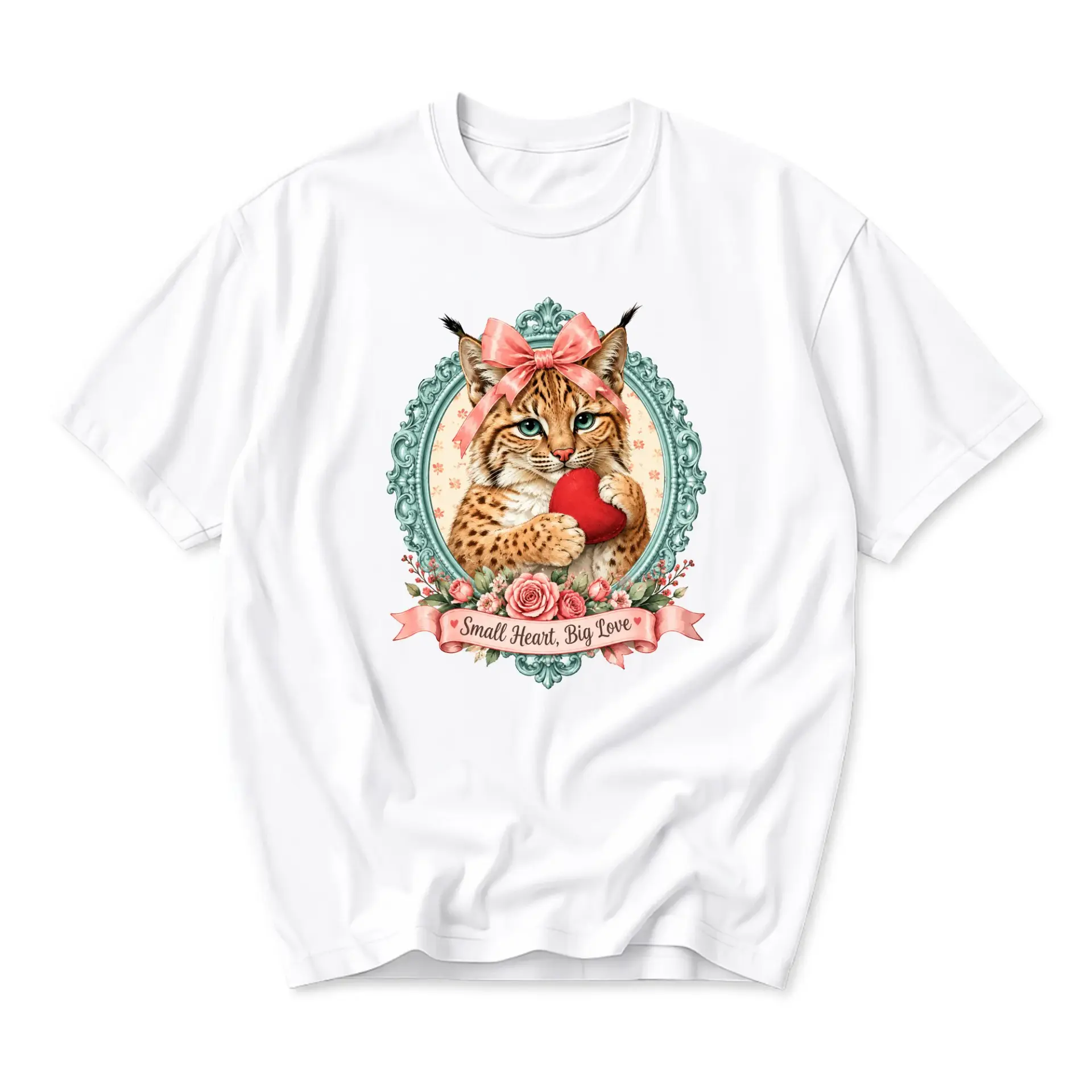 Graphic Tee Unisex Crew-Neck T-Shirt Featuring Cute Bobcat Kitten Holding a Red Heart in Vintage Floral Frame