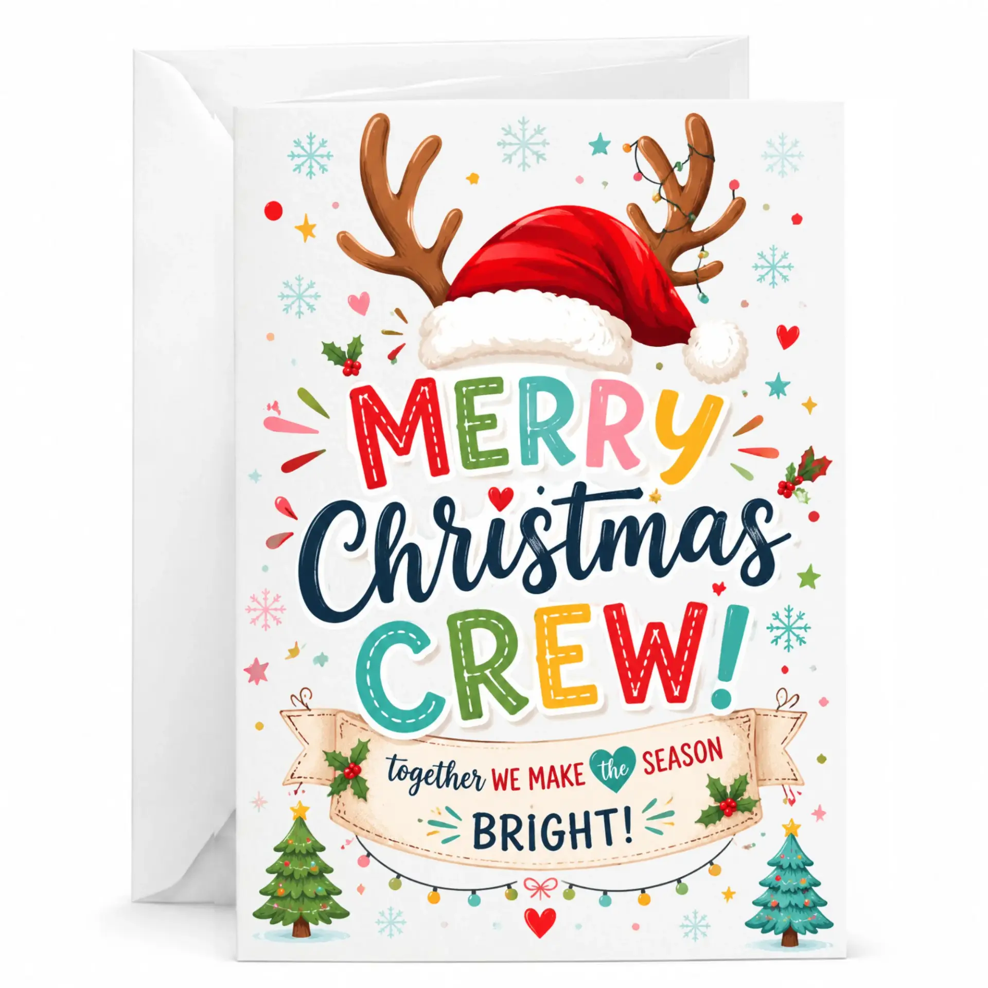 Greeting Card Merry Christmas Crew Holiday Seasonal Stationery with Envelope for Friends Family and Coworkers 5x7 Inches