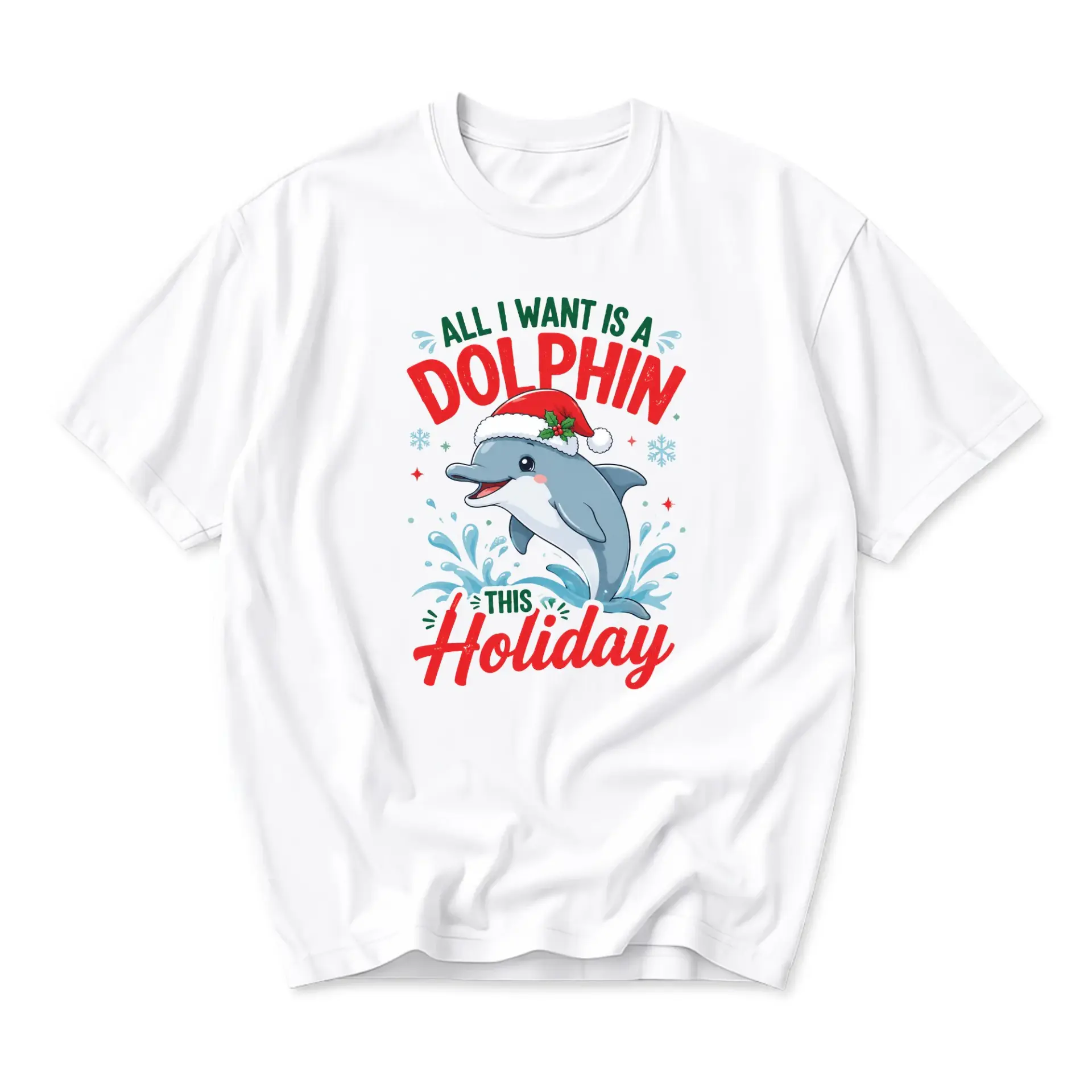 Funny Shirt All I Want Is a Dolphin This Holiday Graphic Tee Winter Ocean Lover Unisex Crew Neck Cotton T-Shirt