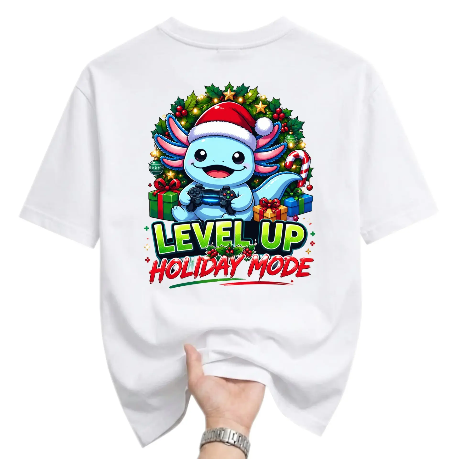 Graphic Tee up Holiday Mode Axolotl Christmas Gaming Unisex Short Sleeve Crew Neck Cotton Casual T-Shirt
