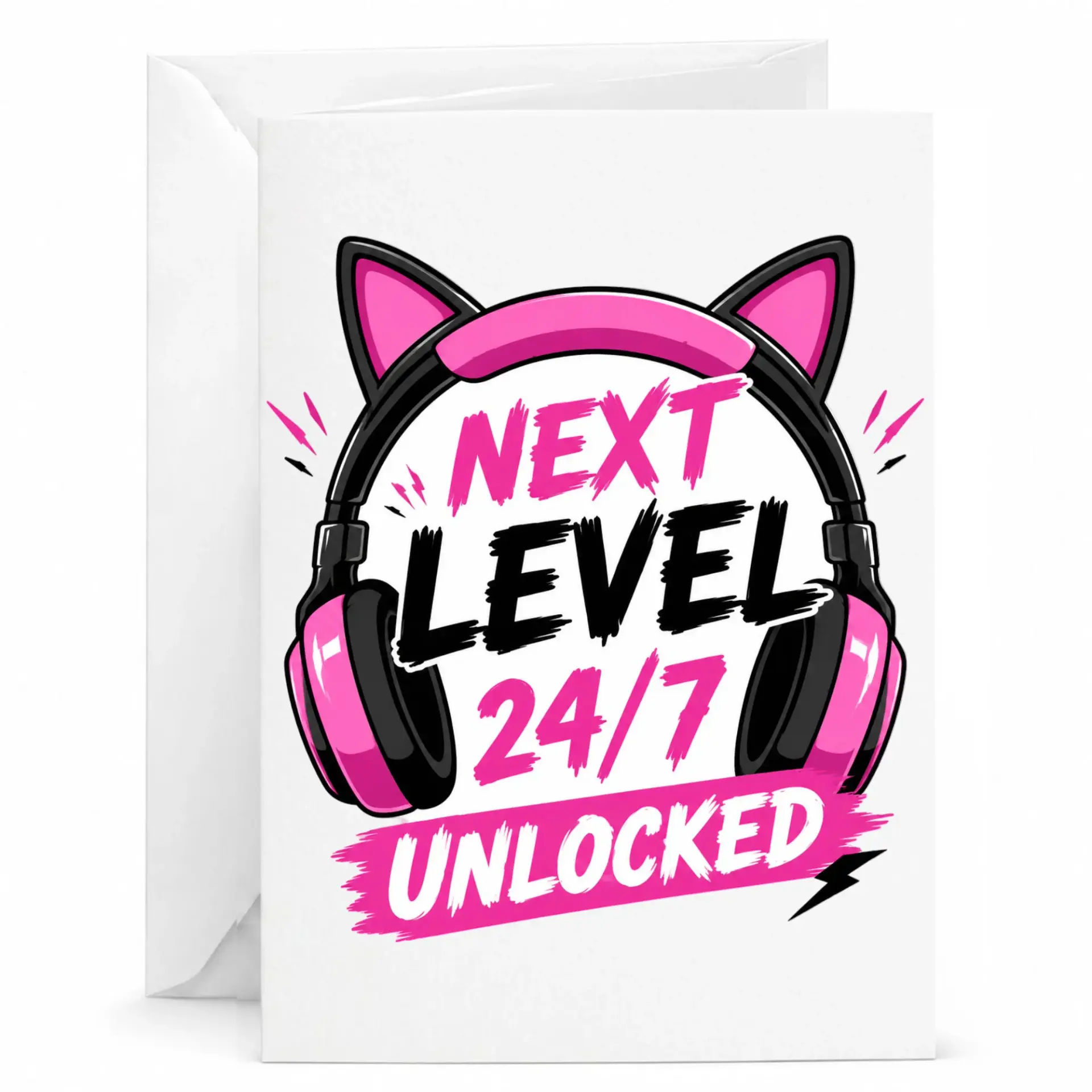 Funny Greeting Card Next Level 24/7 Unlocked with Cat Ear Headphones Design for Gamers and Creative Enthusiasts