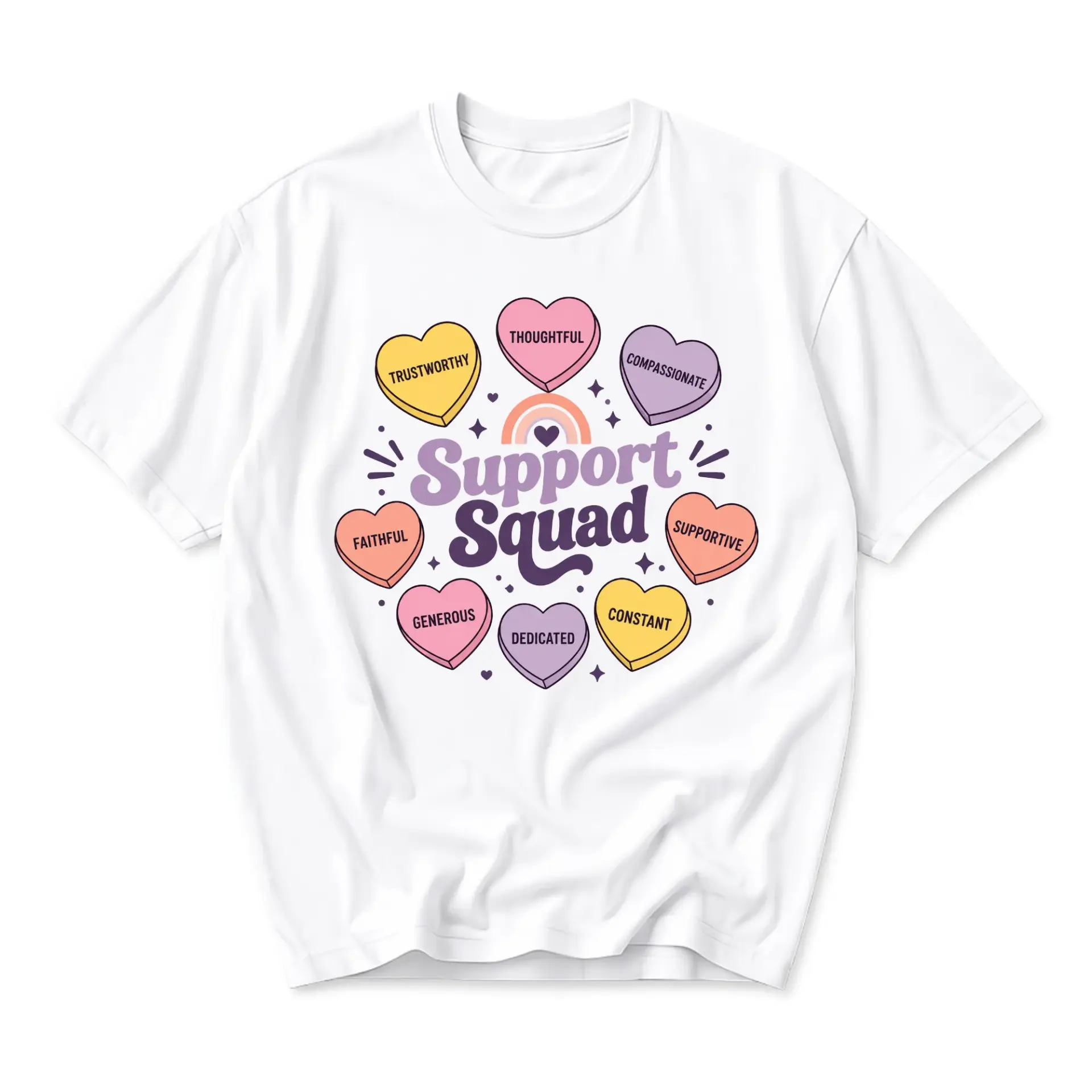 Graphic Tee Support Squad Heart Candy Shirt Inspirational Positive Quote Unisex Crew Neck Short Sleeve Casual Cotton Top