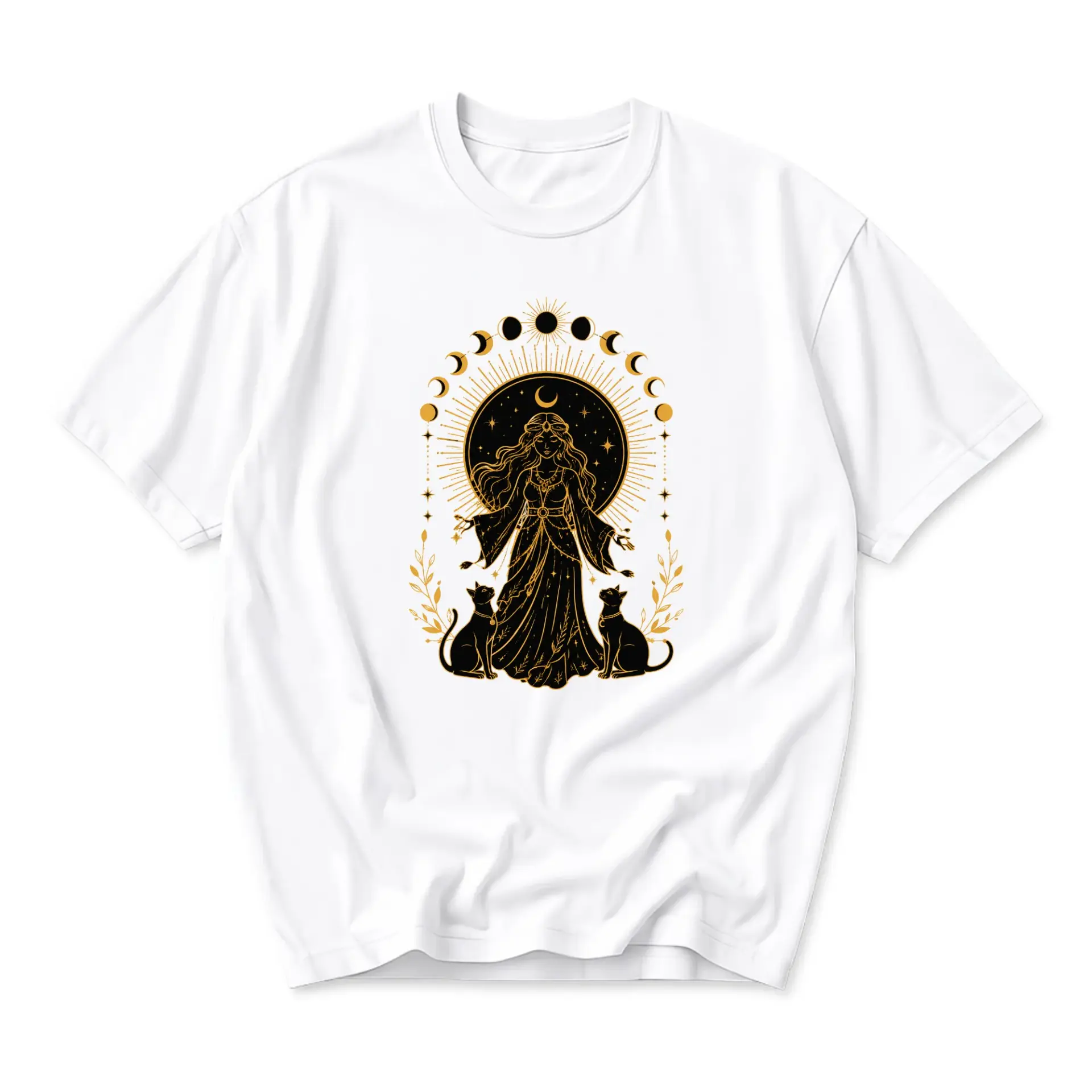 Graphic Tee Celestial Goddess and Cats Print Unisex Crew Neck Shirt for Casual Everyday Wear and Artistic Style