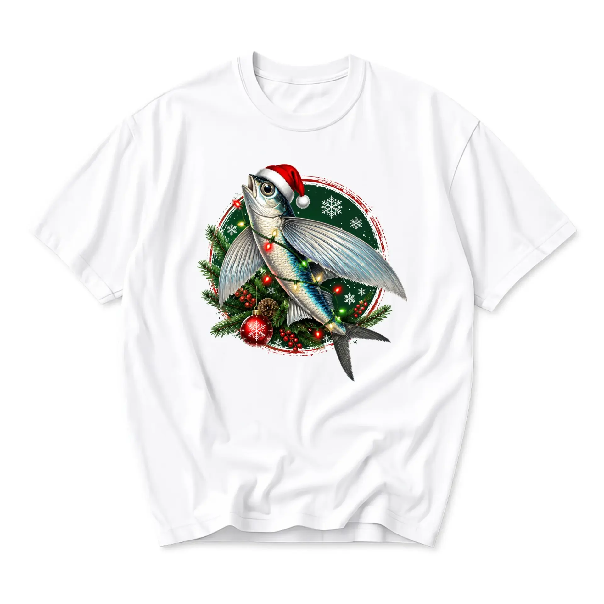 Graphic Tee Flying Fish Wearing Christmas Santa Hat Holiday Season Design Unisex Short Sleeve Crew Neck Cotton Shirt