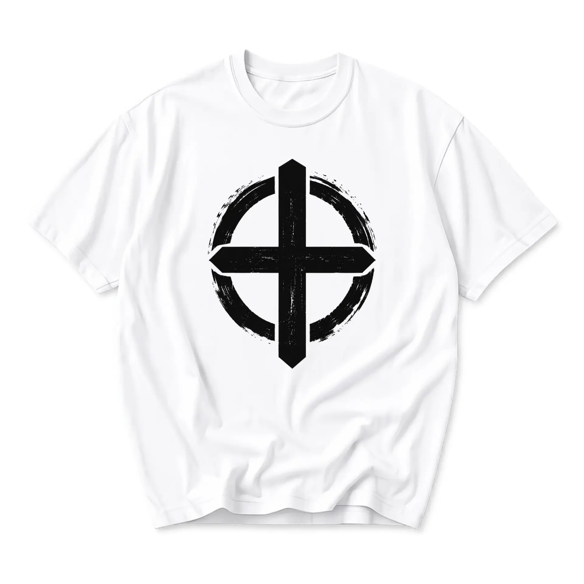 Graphic Tee Unisex Crew Neck Short Sleeve Shirt Featuring Abstract Black Cross Symbol Design on White Apparel