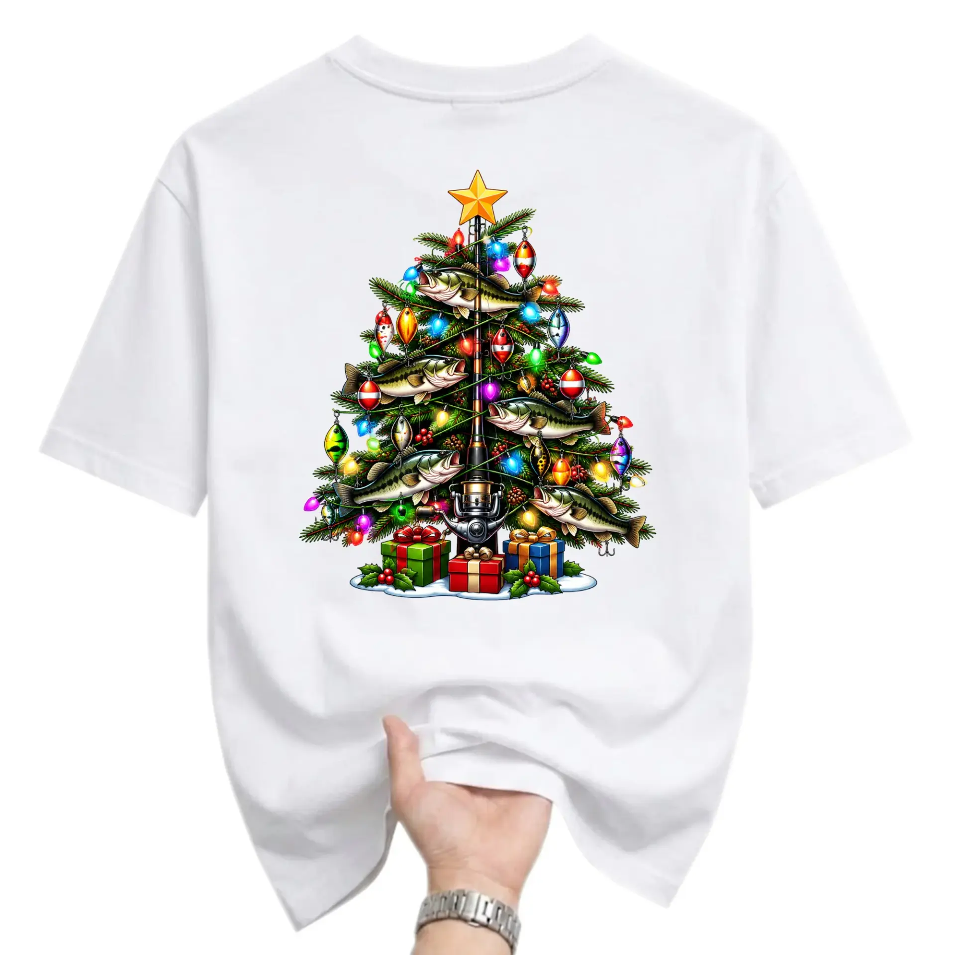 Graphic Tee Christmas Fishing Tree Shirt Holiday Fisherman Apparel Casual Crew Neck Unisex Short Sleeve Top