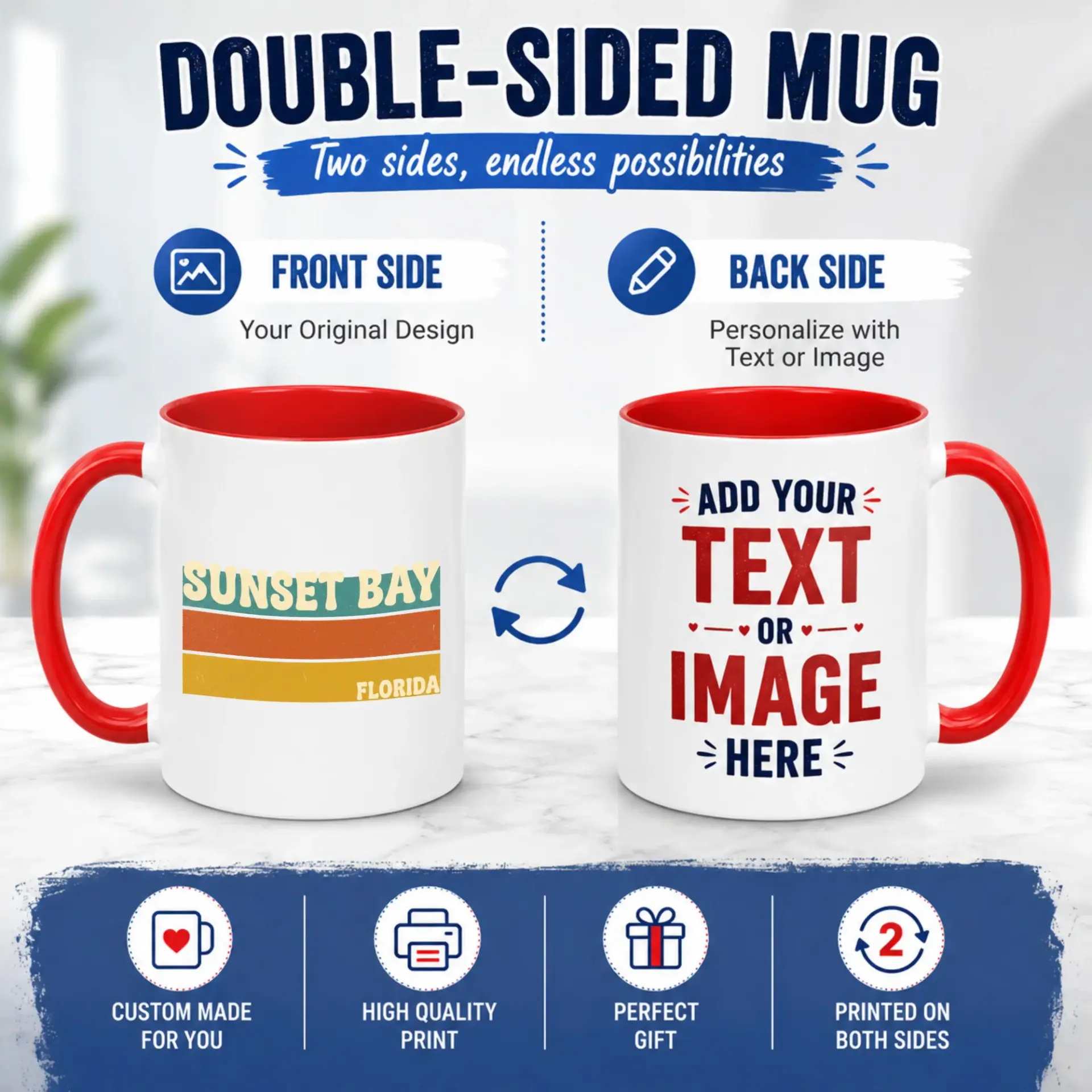 Sunset Bay Florida Retro Stripe Ceramic Coffee Mug, Vintage Inspired Vacation Souvenir Drinkware for Home Office Kitchen, 11oz or 15oz Capacity