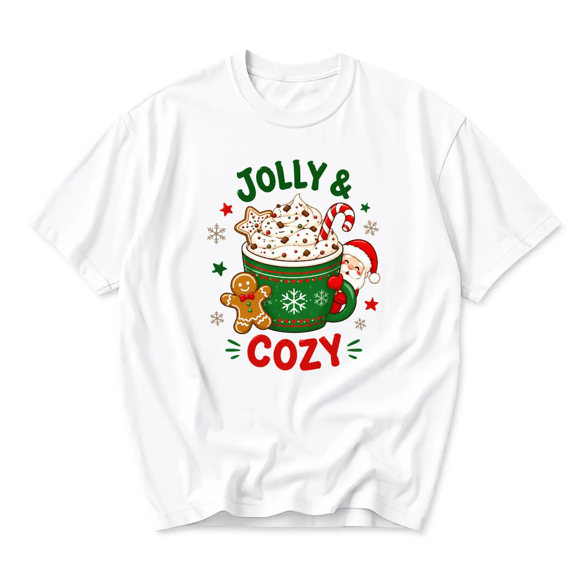 Funny Shirt Jolly and Cozy Holiday Graphic Tee Featuring Hot Cocoa Santa and Gingerbread Man Festive Christmas Apparel
