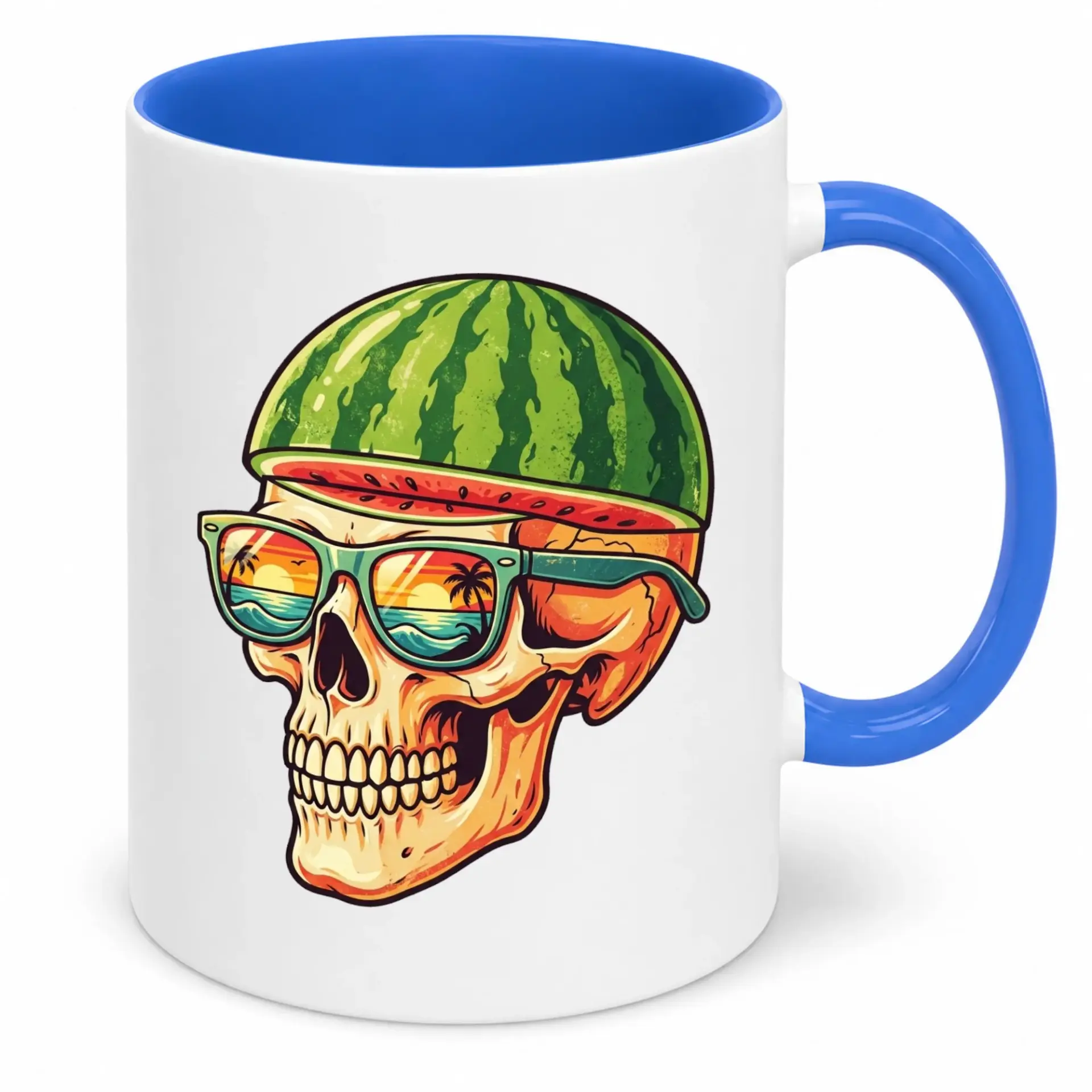 Funny Skull Ceramic Coffee Mug with Watermelon Head & Tropical Beach Sunglasses Design, Unique Summer Themed Drinkware for Home or Office, 11 Oz or 15 Oz