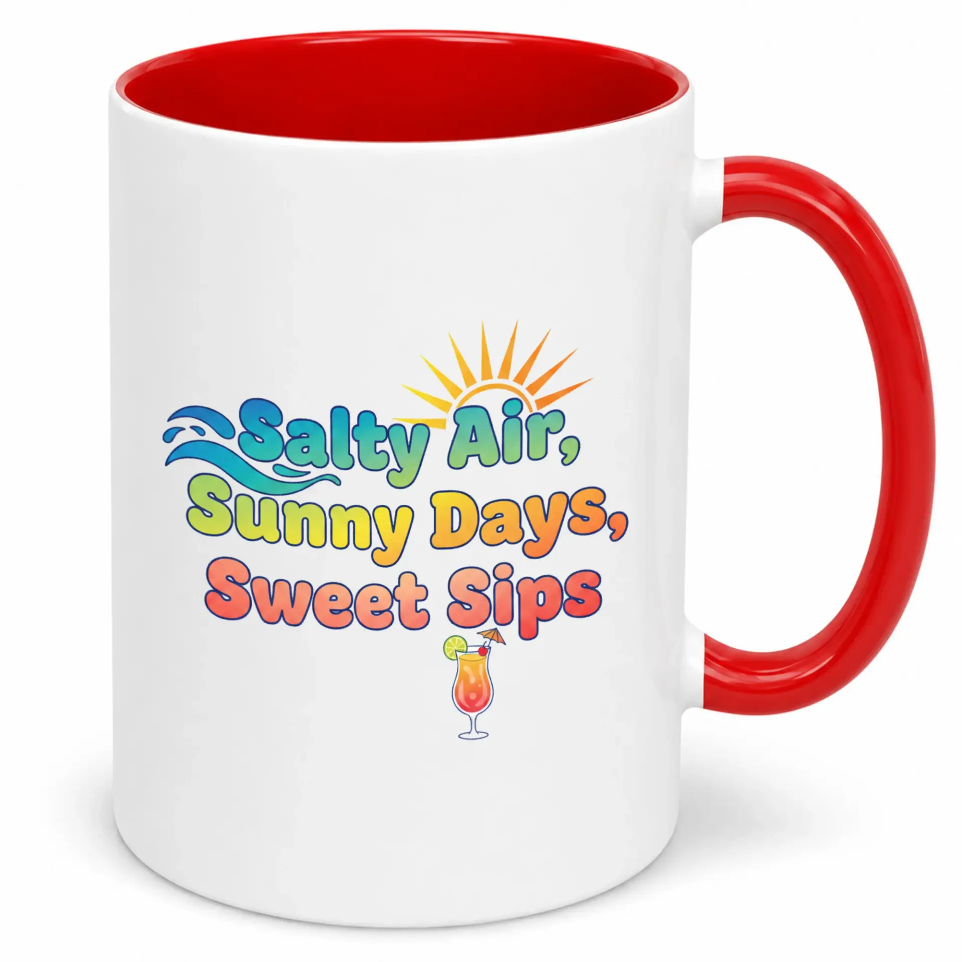 Coffee Mug with Beach Vibes Design, Salty Air Sunny Days Sweet Sips Ceramic Drinkware, Large Handle, Microwave Dishwasher Safe