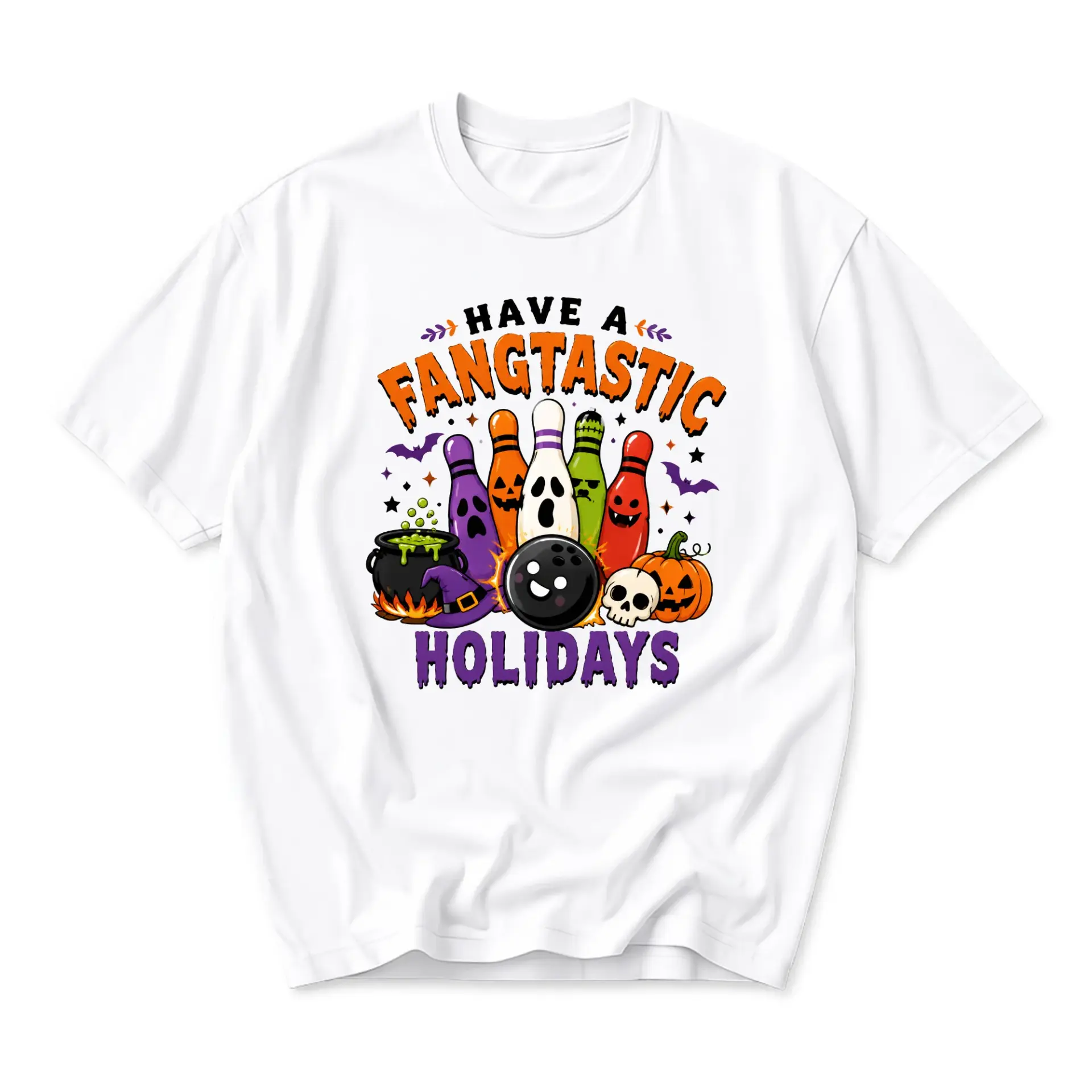 Funny Shirt Have a Fangtastic Holidays Bowling Theme Graphic Tee Unisex Casual Crew Neck Halloween Apparel White