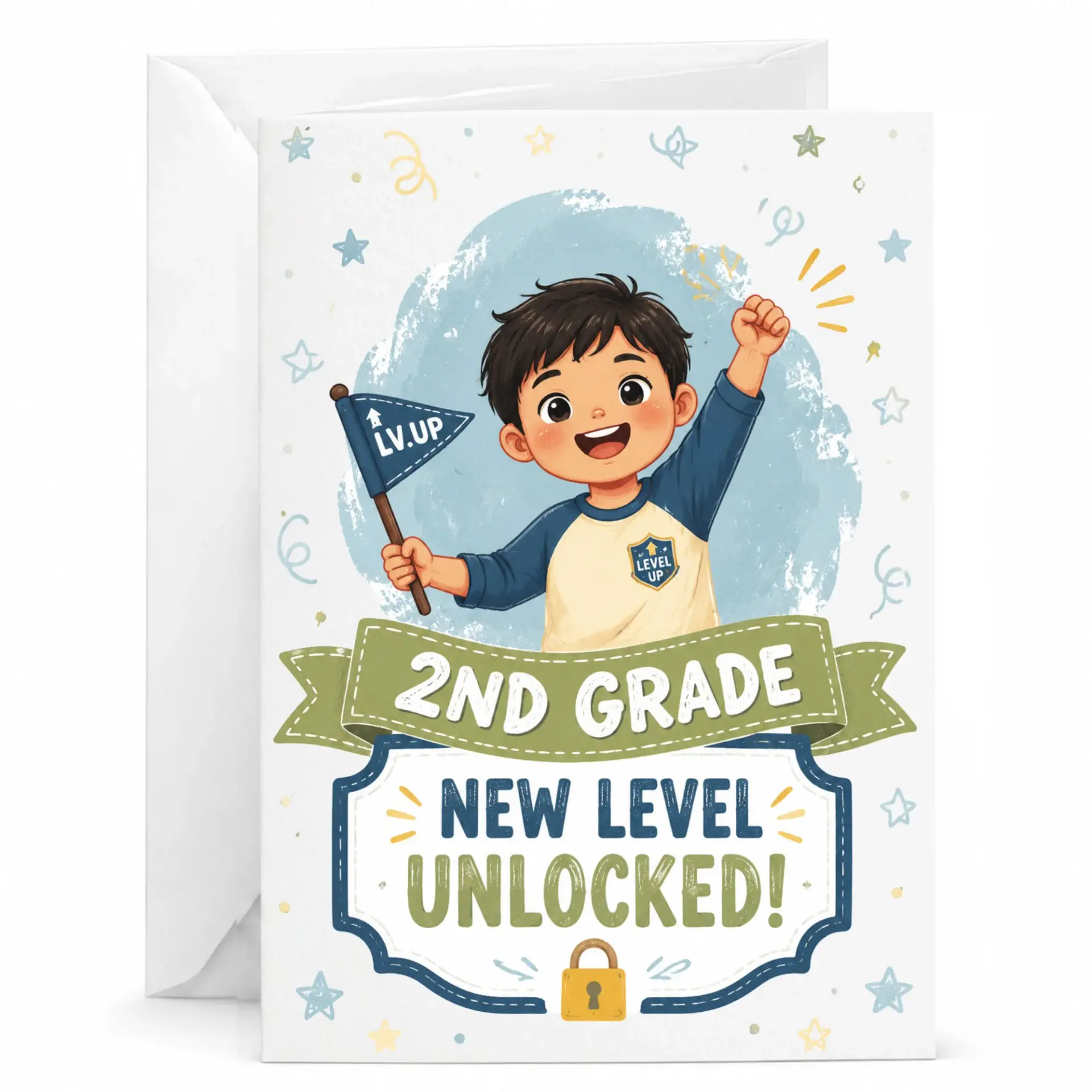 Greeting Card for Second Student Achievement Featuring Video Game Theme up Milestone Design