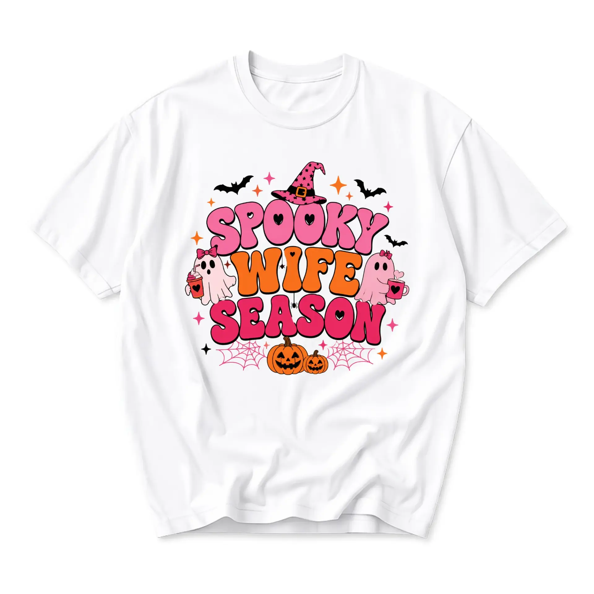Graphic Tee Spooky Wife Season Shirt Retro Halloween Ghost Pumpkin Print Unisex Crew Neck Casual Cotton Blend Top
