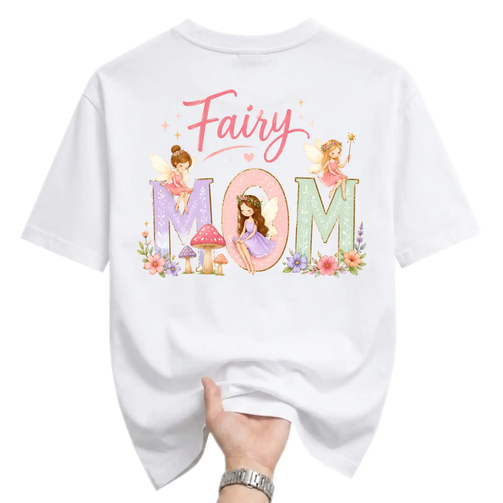 Graphic Tee Fairy Mom Whimsical Mushroom Floral Illustration Unisex Casual Short Sleeve Crew Neck Cotton Shirt