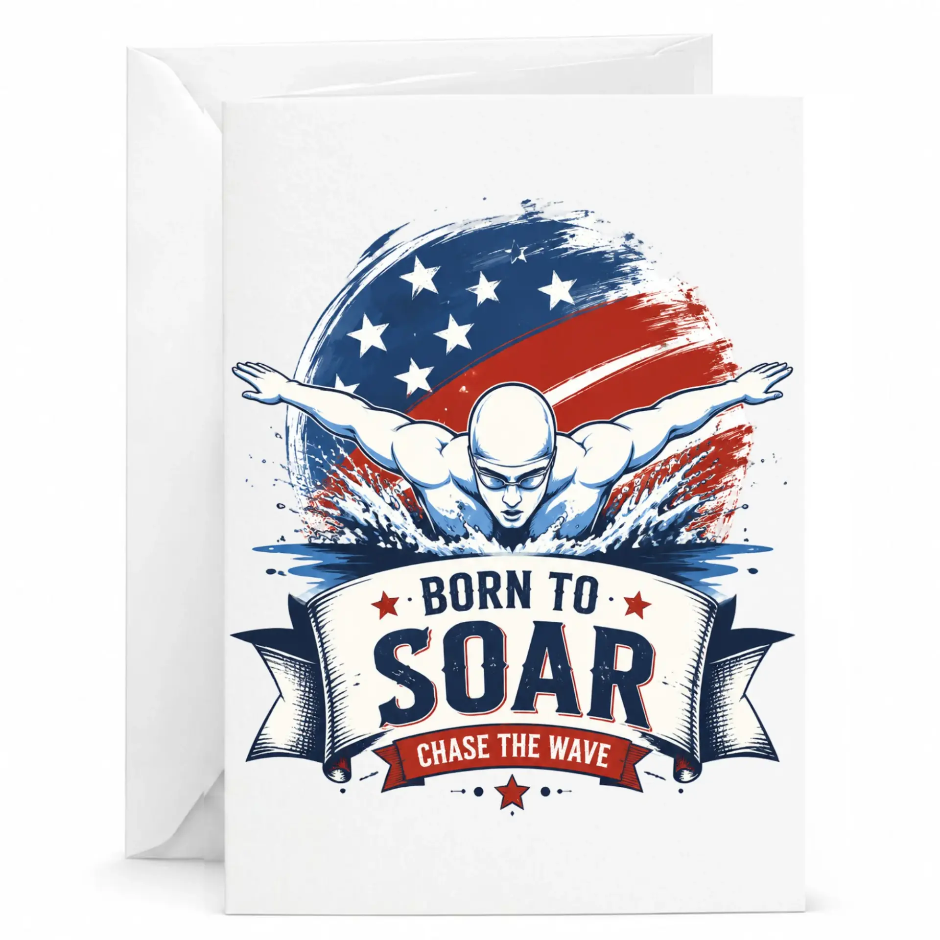 Greeting Card Born to Soar Inspirational Swimmer Design Featuring Patriotic American Colors on Heavyweight Cardstock