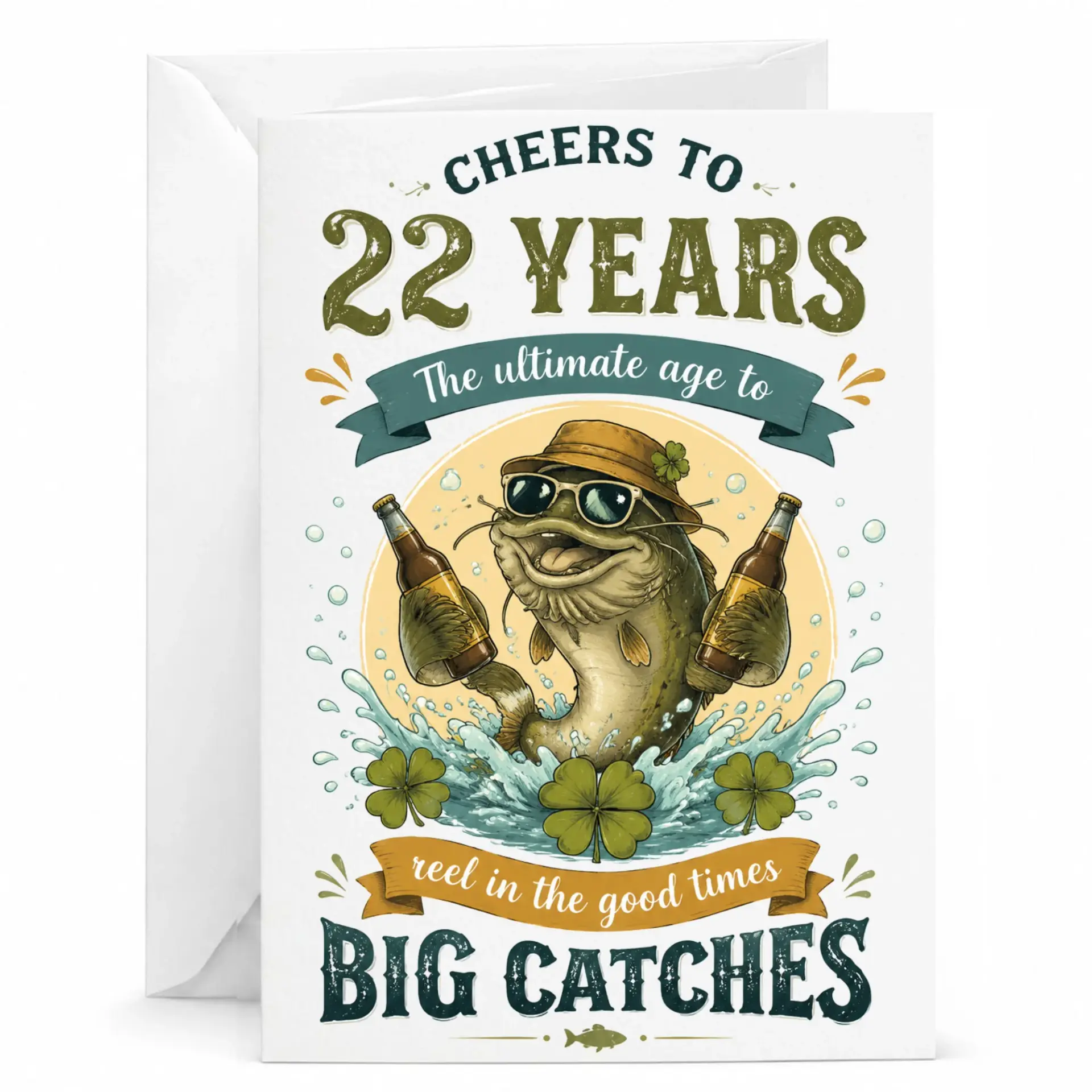 Birthday Card for 22 Year Old, Funny Fishing Themed Greeting Card with Catfish and Beer, 22nd Birthday Gift Idea