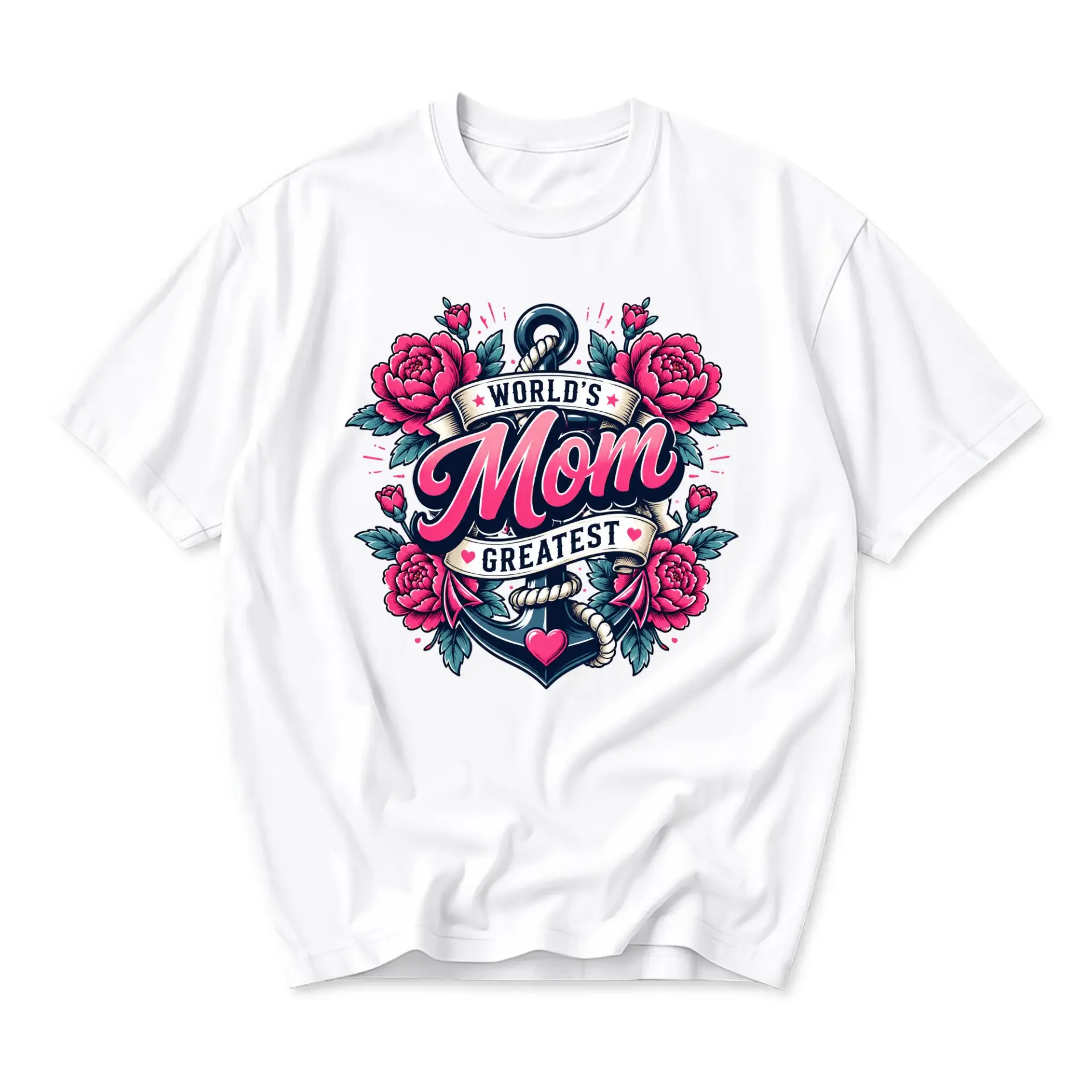 T-shirt World's Greatest Mom Graphic Tee Floral Anchor Design Unisex Casual Short Sleeve Cotton Blend Shirt