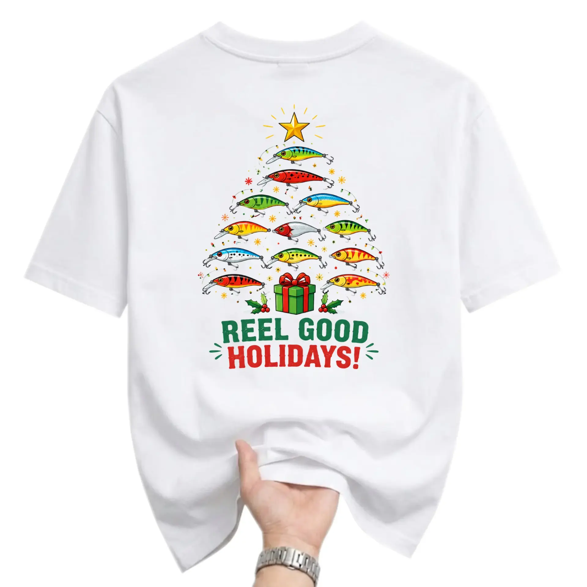 Funny Shirt Reel Good Holidays Fishing Christmas Tree Graphic Tee Unisex