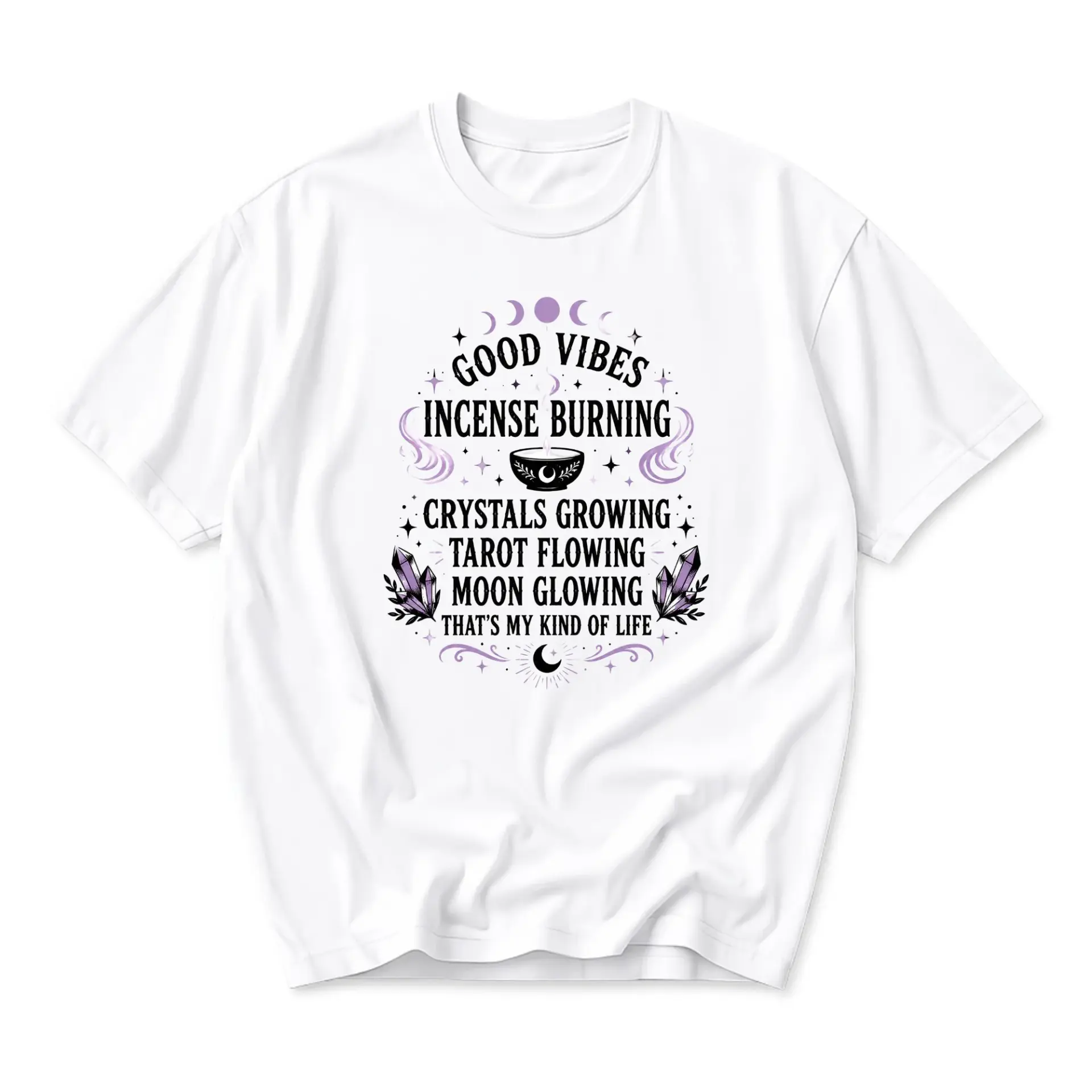 Graphic Tee Good Vibes Incense Burning Crystals Tarot Moon Celestial Design Unisex Cotton Casual Crew Neck Shirt