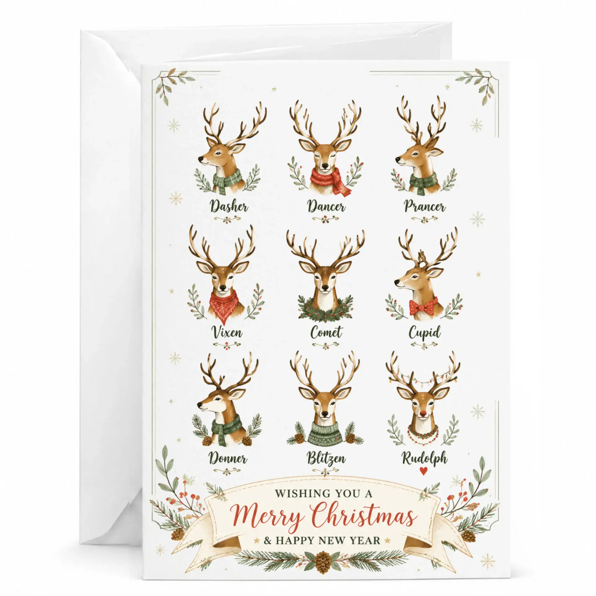 Greeting Card Holiday Season Reindeer Illustration Festive Merry Christmas and Happy New Year Note for Friends Family