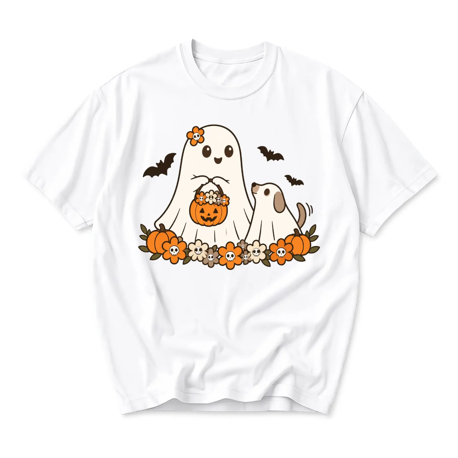 Graphic Tee Unisex Halloween Ghost and Puppy Shirt Floral Pumpkin Cute Fall Casual Short Sleeve Crew Neck Cotton Top