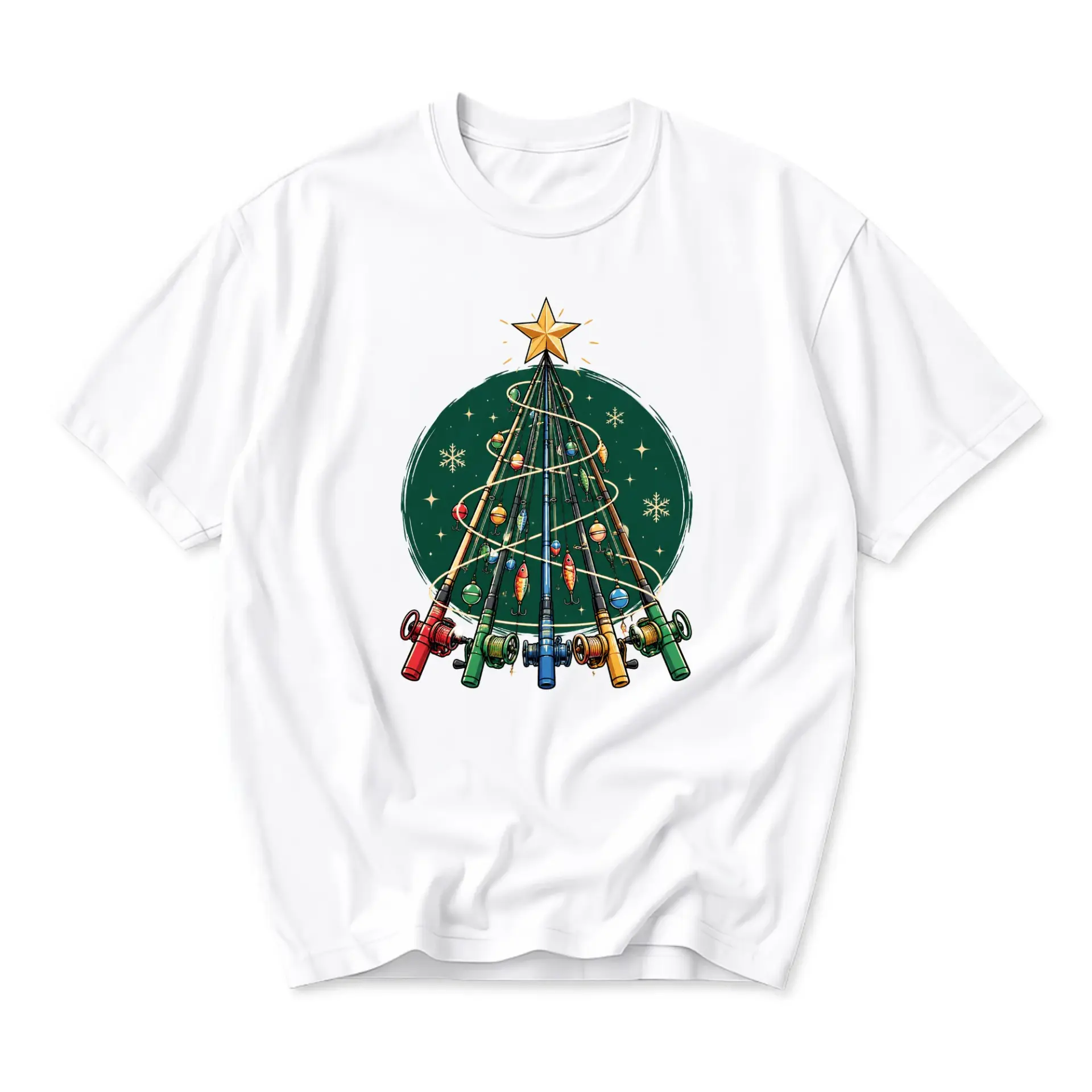 Graphic Tee Unisex Fishing Holiday Tree T-Shirt Casual Short Sleeve Crew Neck Top for Outdoor Enthusiasts and Wear
