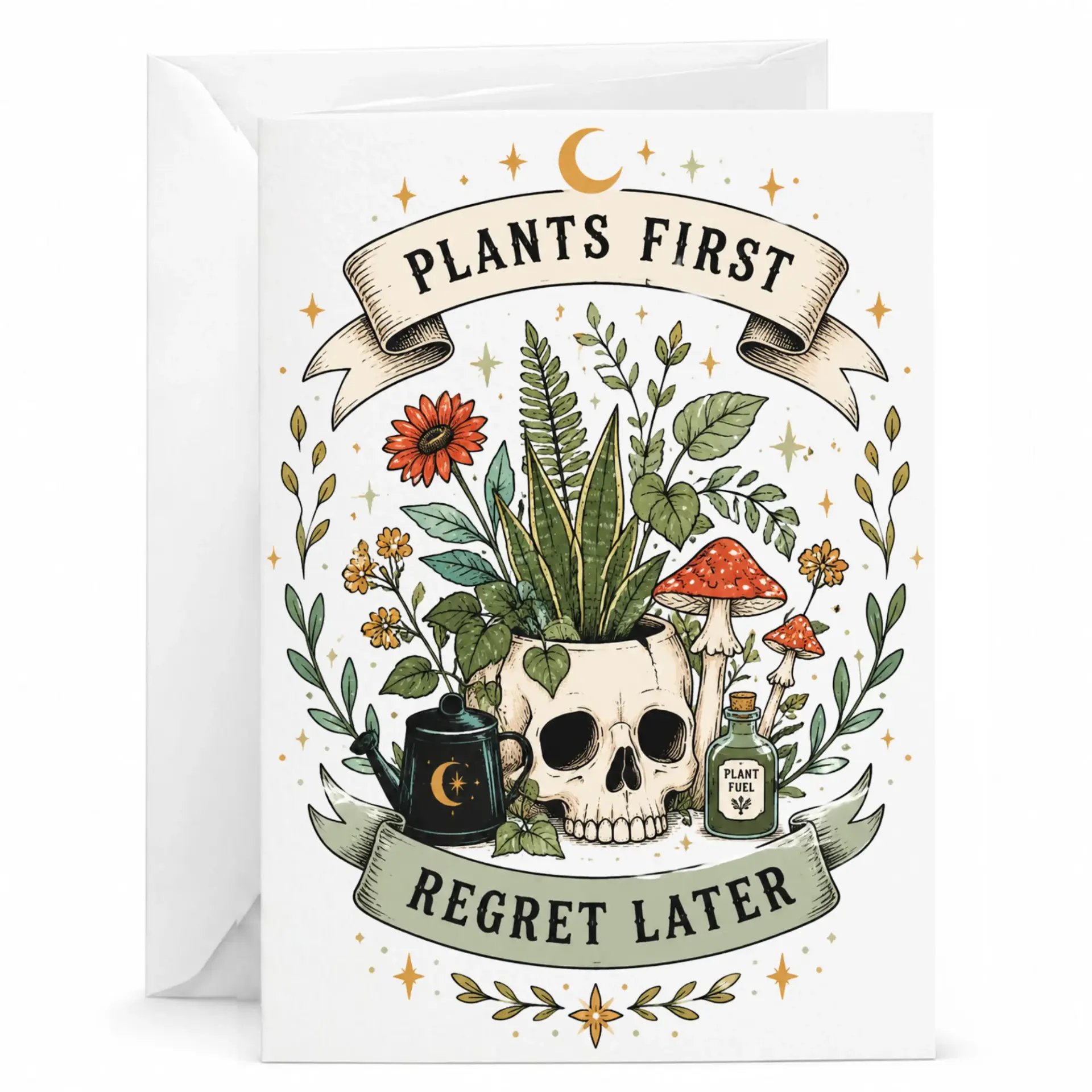 Funny Plants First Regret Later Greeting Card for with Skull Illustration and Matching Envelope