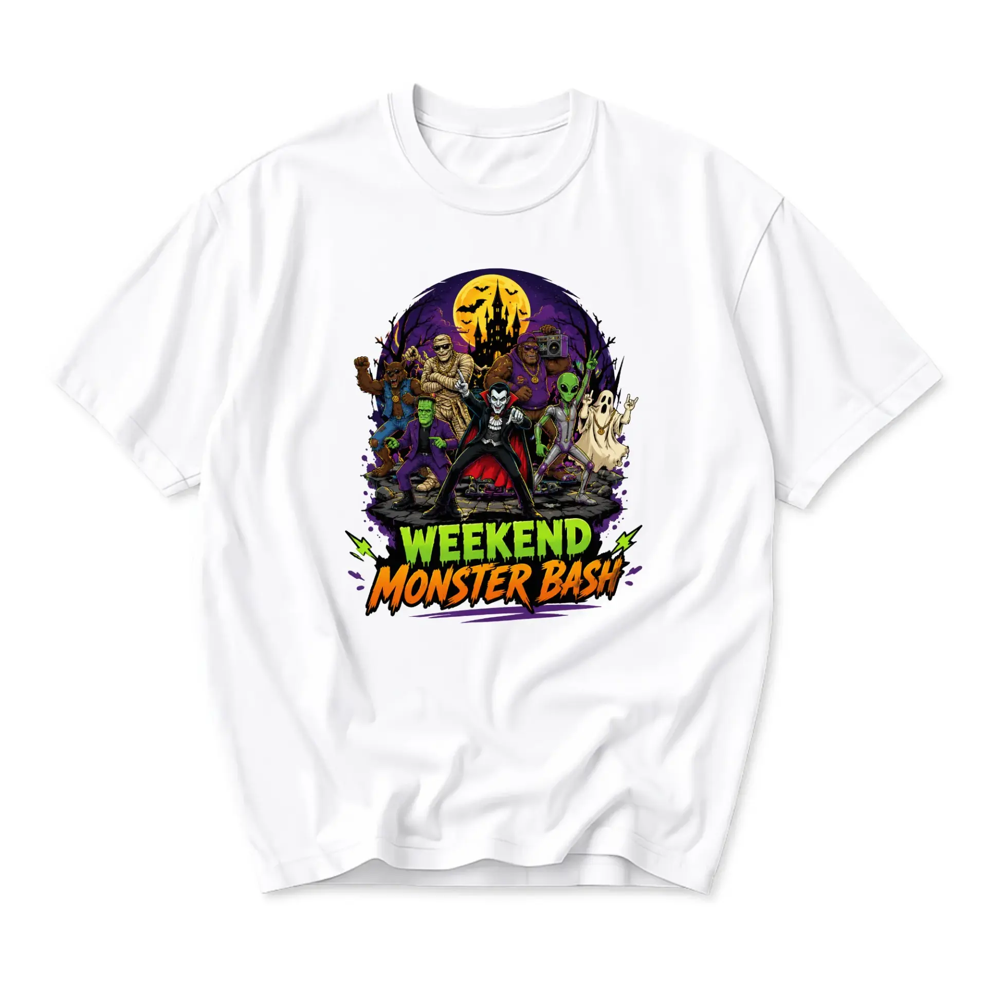 Graphic Tee Weekend Monster Bash Shirt Retro Horror Party Print Casual Unisex Crew Neck Top for Halloween Enthusiasts