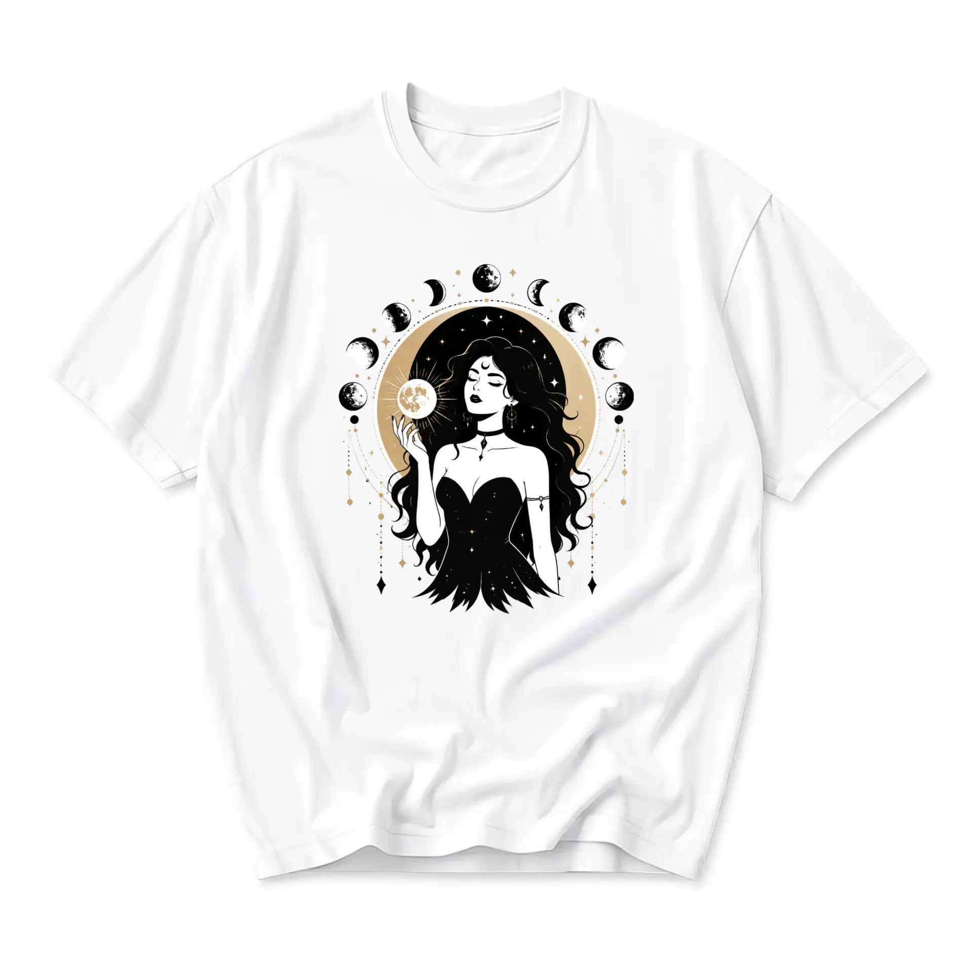 Graphic Tee Unisex Celestial Moon Phase T-Shirt Featuring Mystic Woman Illustration Casual Short Sleeve Crew Neck Top