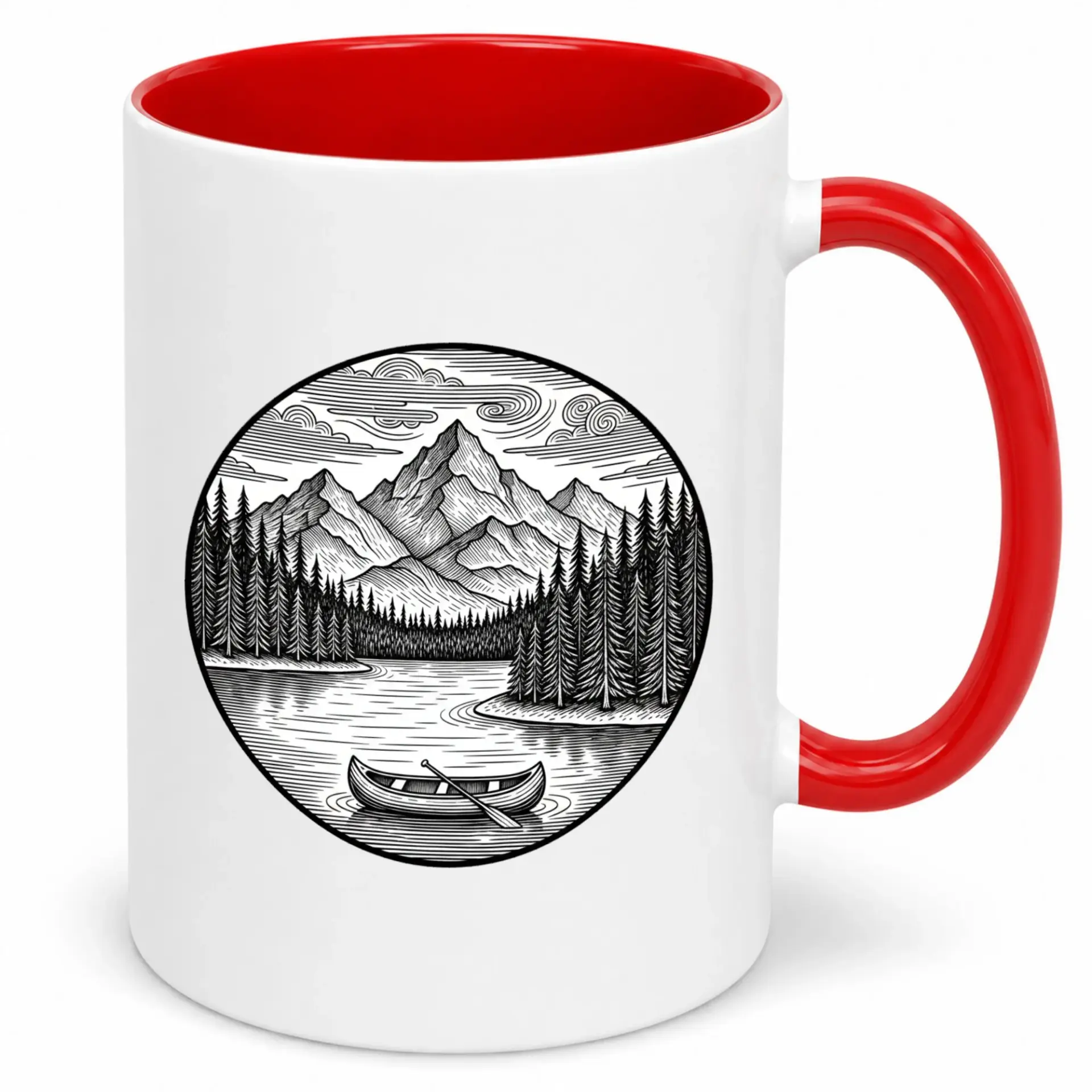 Ceramic Coffee Mug with Mountain Lake Forest Canoe Scene - 11oz or 15oz White Glossy Finish Beverage Cup with Red Handle and Interior