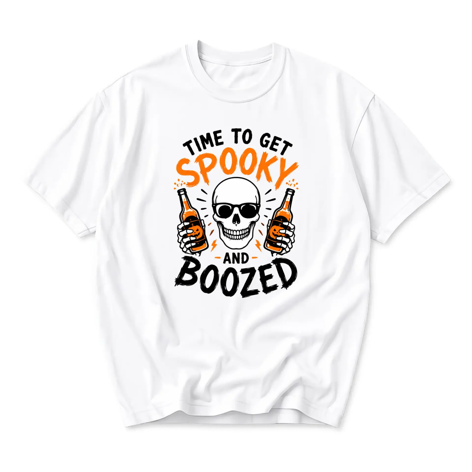 Funny Shirt Time to Get Spooky and Boozed Graphic Tee Unisex Casual Crew Neck Soft Cotton Blend Halloween Apparel