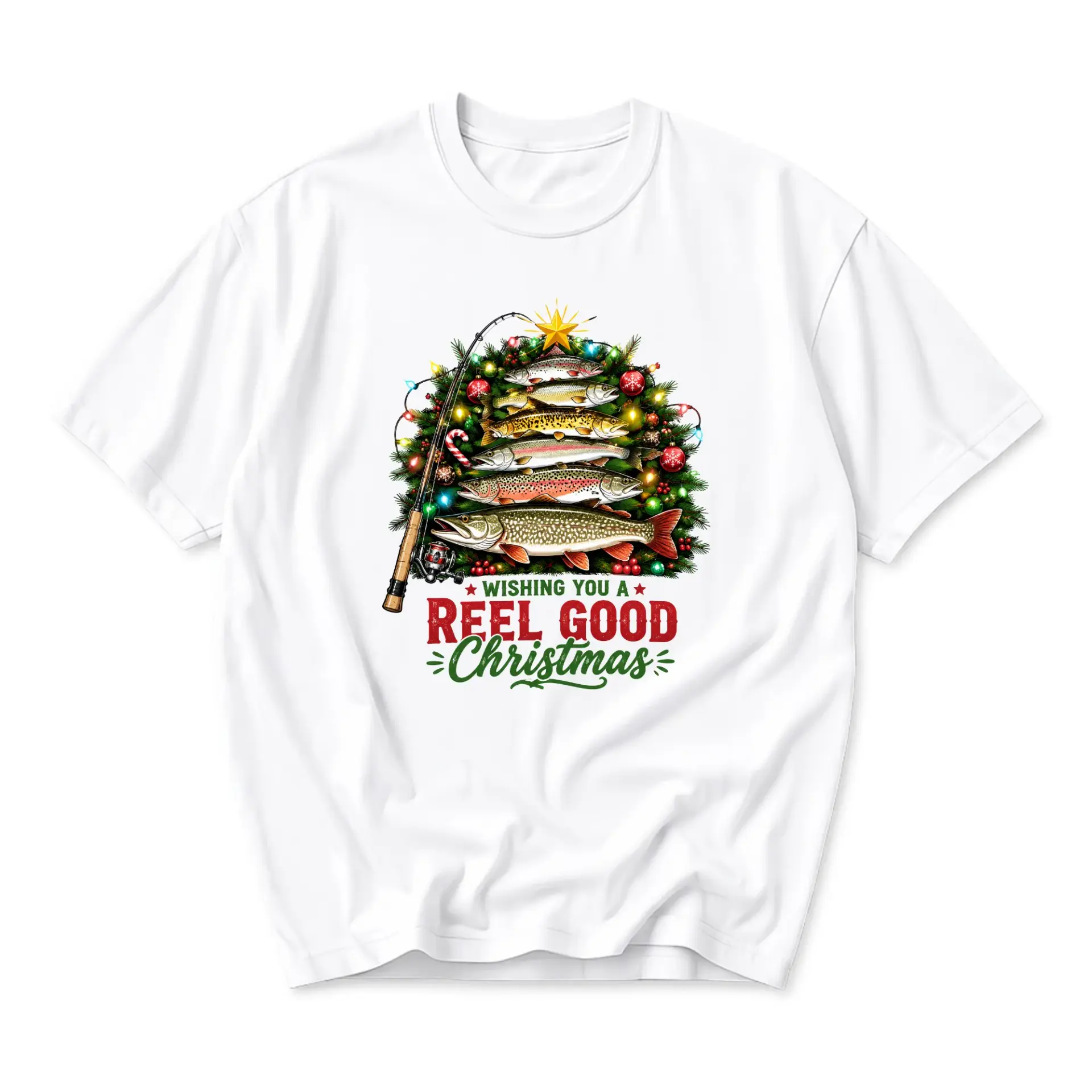 Funny Shirt Wishing You a Reel Good Christmas Graphic Tee with Fishing Theme Holiday Tree Design Unisex Crew Neck